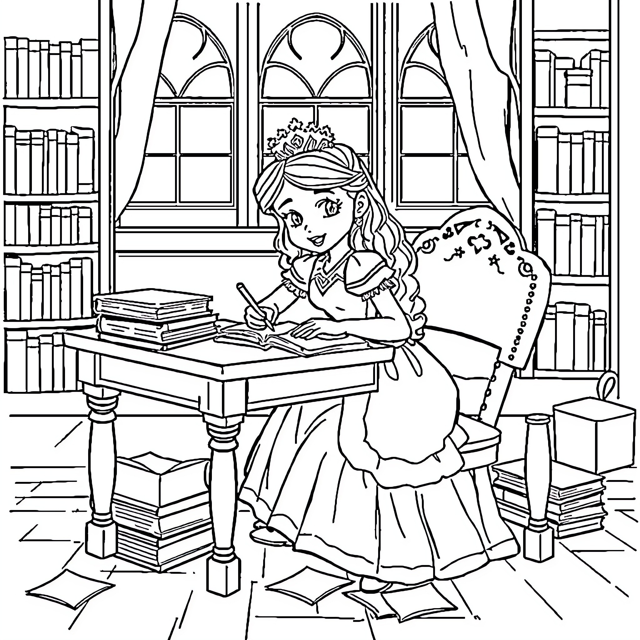 Princess studying diligently in the library Coloring Page (free black-and-white line drawing printable PDF for all, from beginners to advanced learners, including children, teens, adults, and seniors)