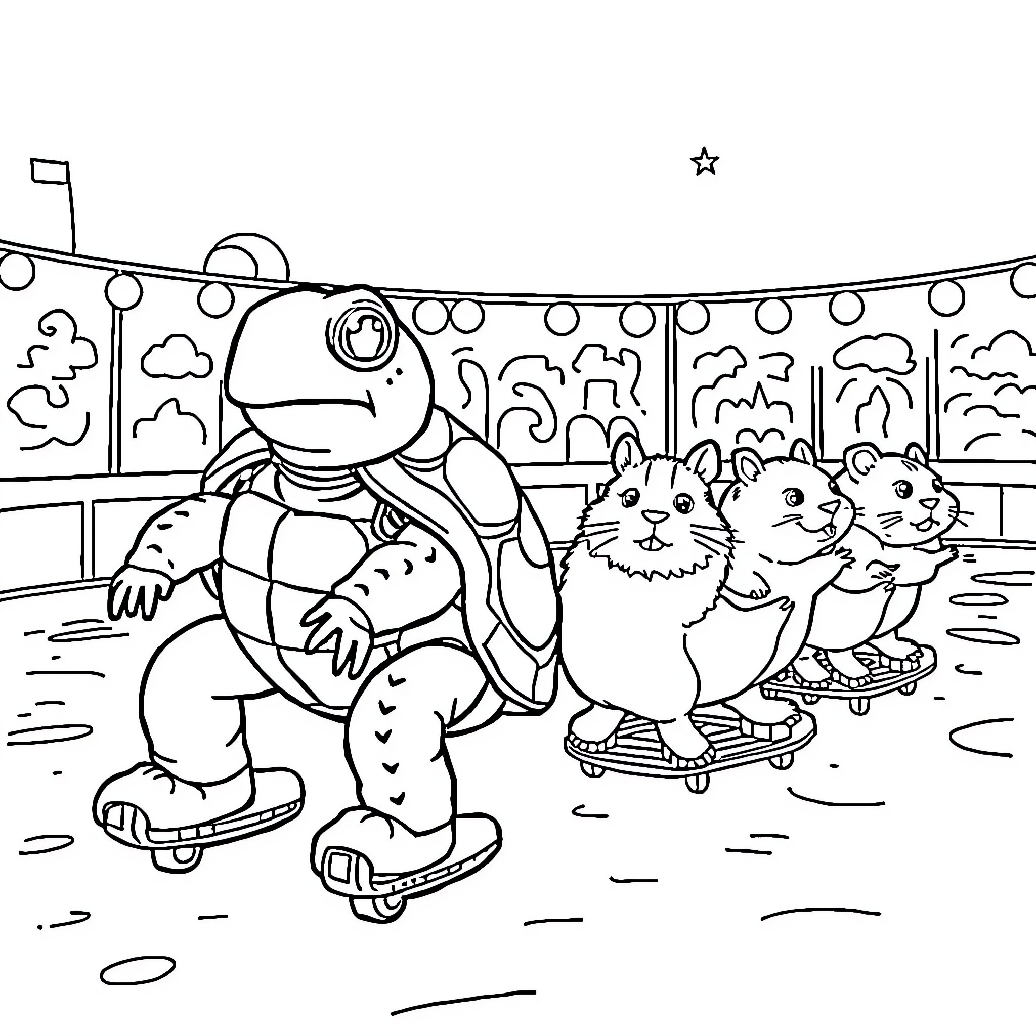 Tortoise and friends skateboarding under the stars Coloring Page (free black-and-white line drawing printable PDF for all, from beginners to advanced learners, including children, teens, adults, and seniors)