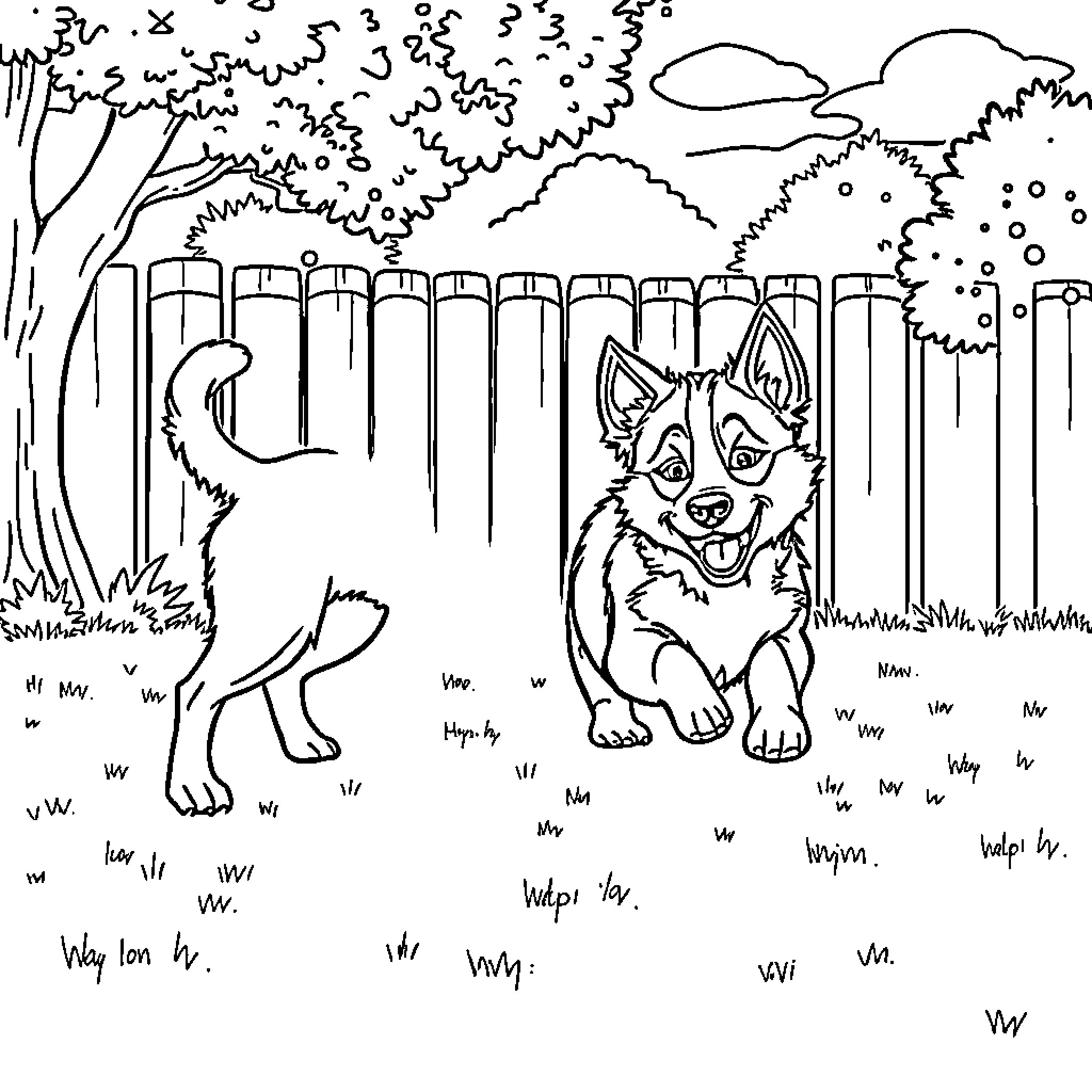 Bluey playing happily in the backyard Coloring Page (free black-and-white line drawing printable PDF for all, from beginners to advanced learners, including children, teens, adults, and seniors)