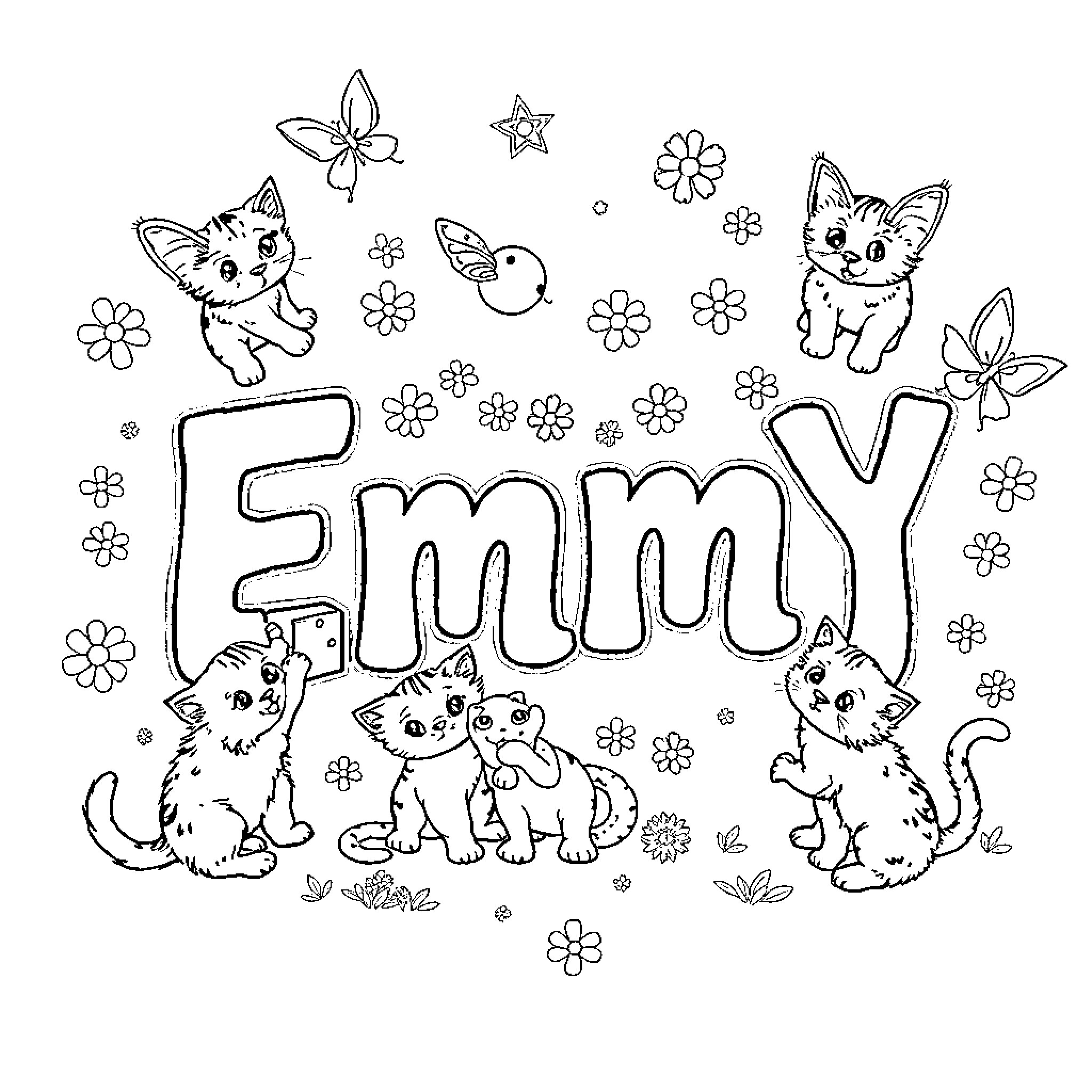 Emmy's Playful Kittens and Flowers Coloring Page (free black-and-white line drawing printable PDF for all, from beginners to advanced learners, including children, teens, adults, and seniors)