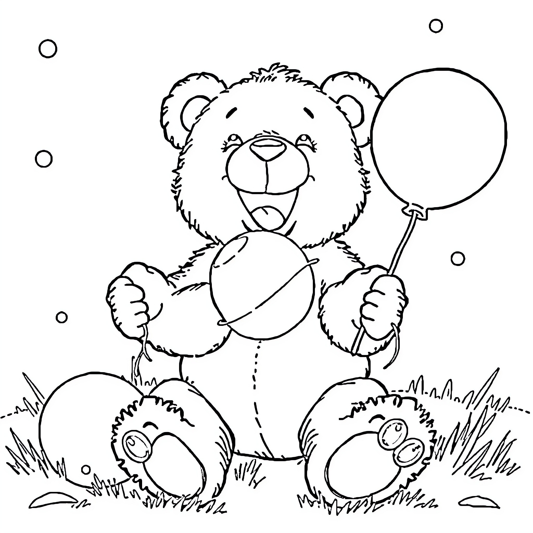 Teddy Bear playing with balloons in the park Coloring Page (free black-and-white line drawing printable PDF for all, from beginners to advanced learners, including children, teens, adults, and seniors)