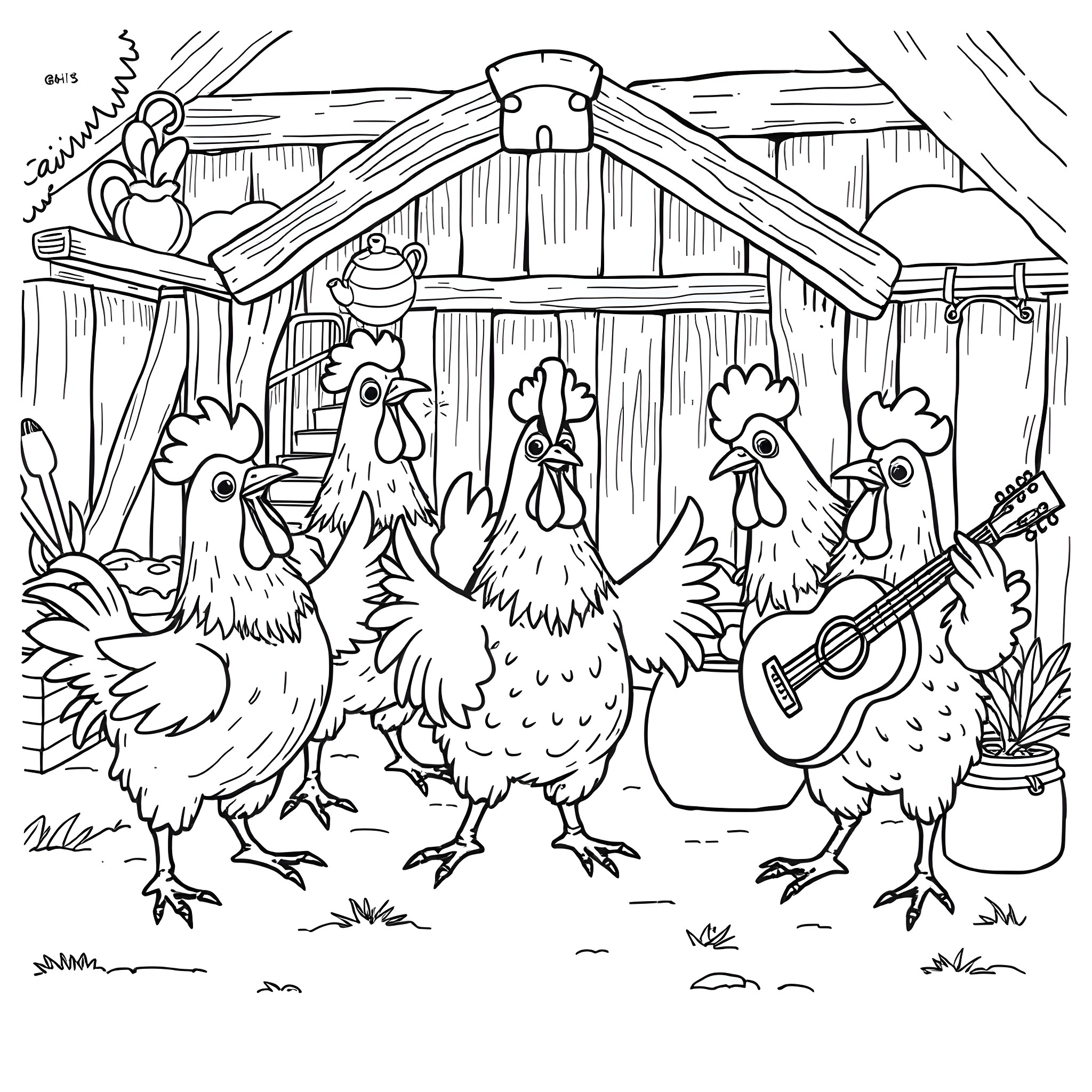 Chicken family having fun in the barnyard Coloring Page (free black-and-white line drawing printable PDF for all, from beginners to advanced learners, including children, teens, adults, and seniors)