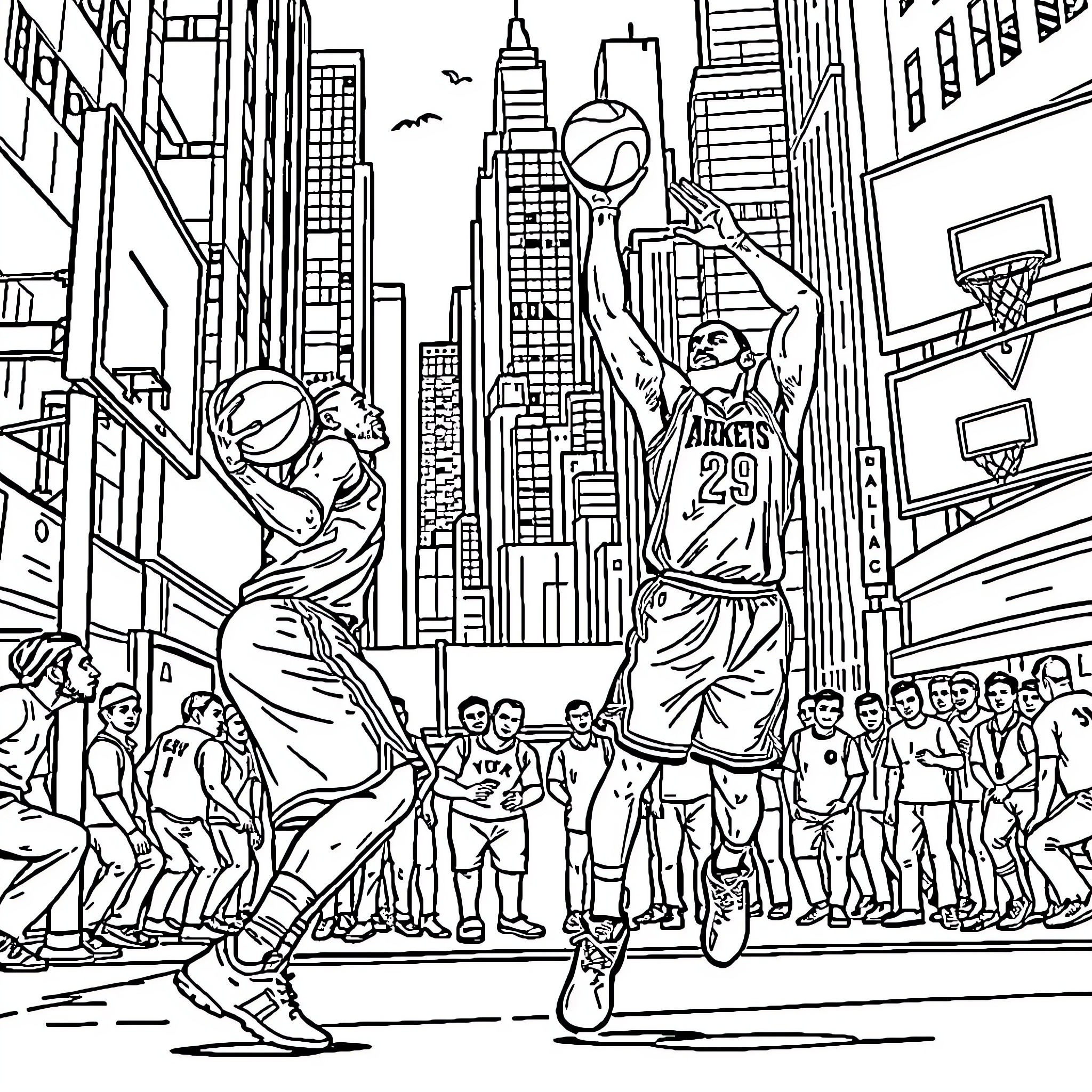 Cricket-themed Basketball Game in City Street Coloring Page (free black-and-white line drawing printable PDF for all, from beginners to advanced learners, including children, teens, adults, and seniors)