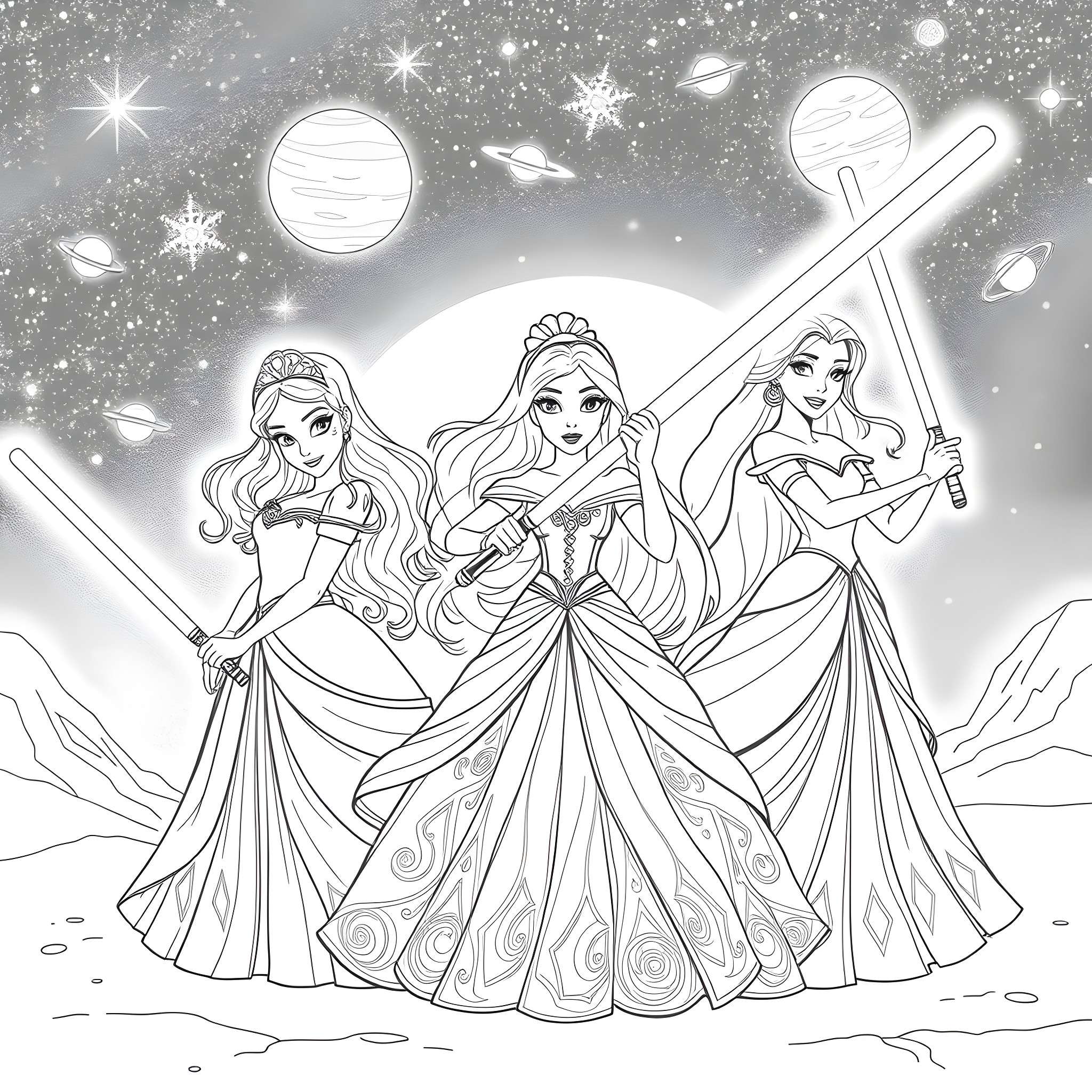 Princess Warriors in Glamorous Gowns on Starry Night Coloring Page (free black-and-white line drawing printable PDF for all, from beginners to advanced learners, including children, teens, adults, and seniors)