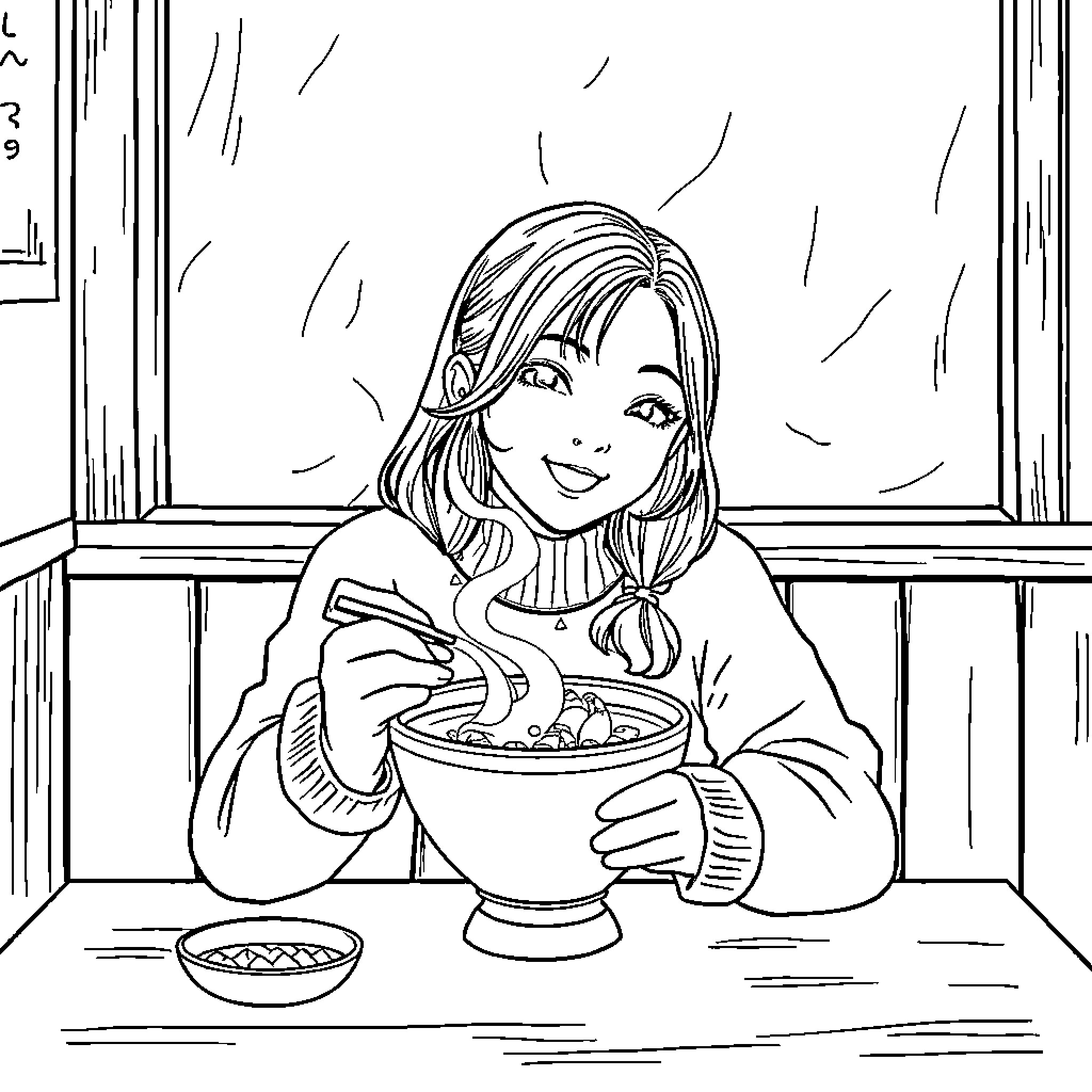 Rumi enjoying a warm meal by the window Coloring Page (free black-and-white line drawing printable PDF for all, from beginners to advanced learners, including children, teens, adults, and seniors)