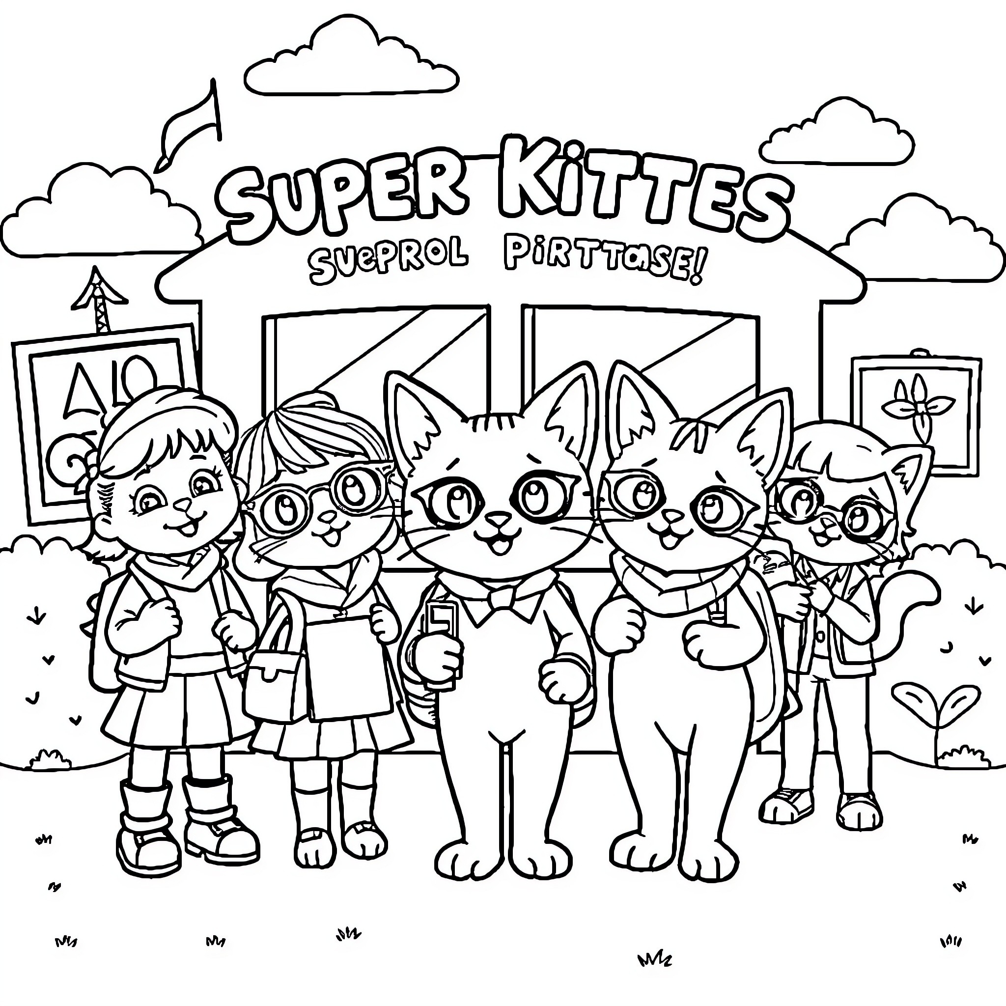 Kitty superheroes save the day Coloring Page (free black-and-white line drawing printable PDF for all, from beginners to advanced learners, including children, teens, adults, and seniors)