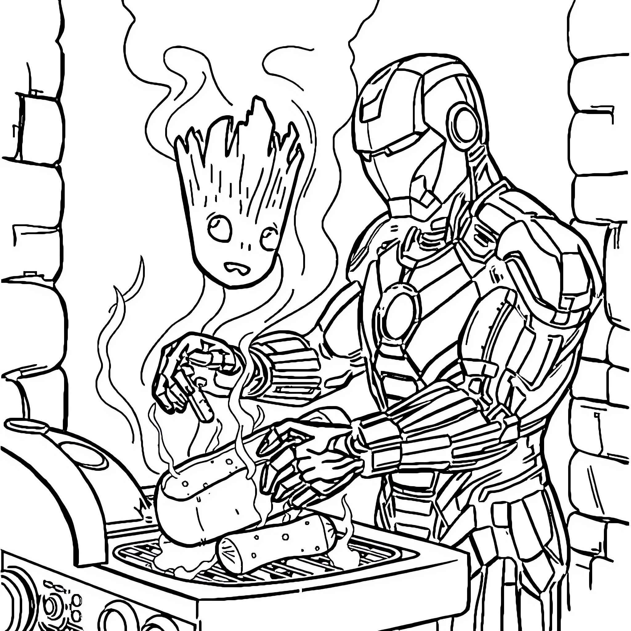 Ironman battling a mysterious creature in an intense scene Coloring Page (free black-and-white line drawing printable PDF for all, from beginners to advanced learners, including children, teens, adults, and seniors)