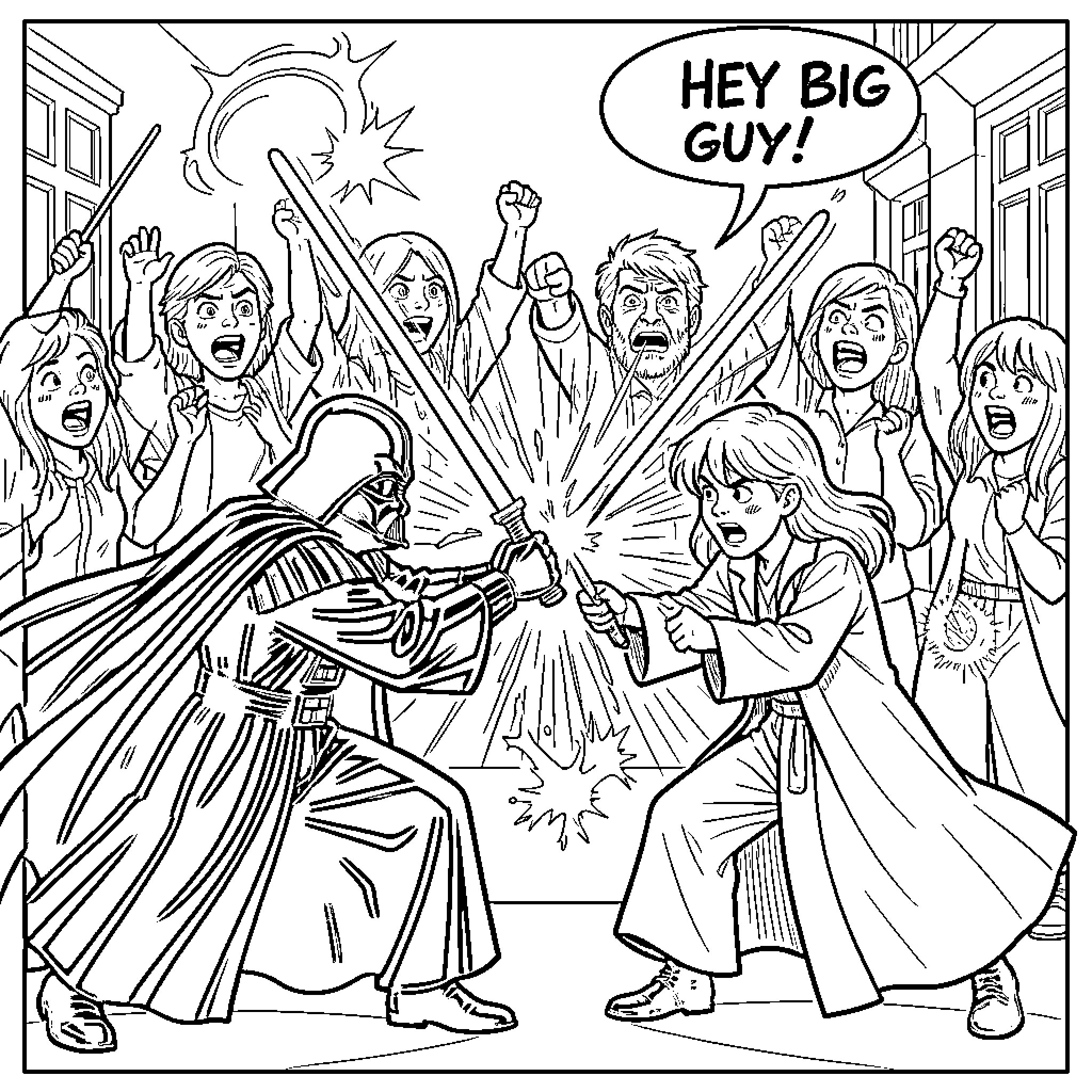 Darth Vader clashing lightsabers with a young Jedi Coloring Page (free black-and-white line drawing printable PDF for all, from beginners to advanced learners, including children, teens, adults, and seniors)