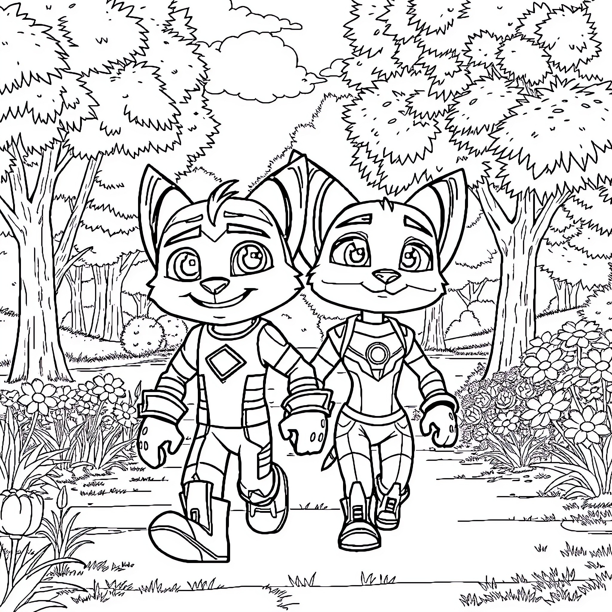 Ratchet and Clank's Adventure in the Woodland Coloring Page (free black-and-white line drawing printable PDF for all, from beginners to advanced learners, including children, teens, adults, and seniors)