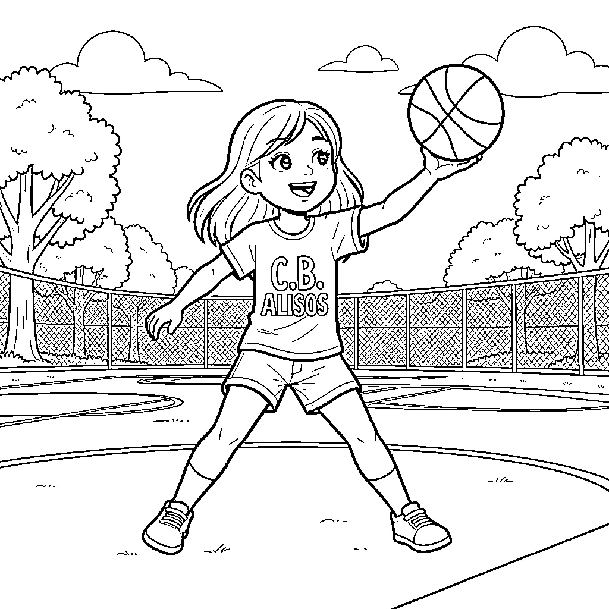 Girl playing basketball on the court Coloring Page (free black-and-white line drawing printable PDF for all, from beginners to advanced learners, including children, teens, adults, and seniors)