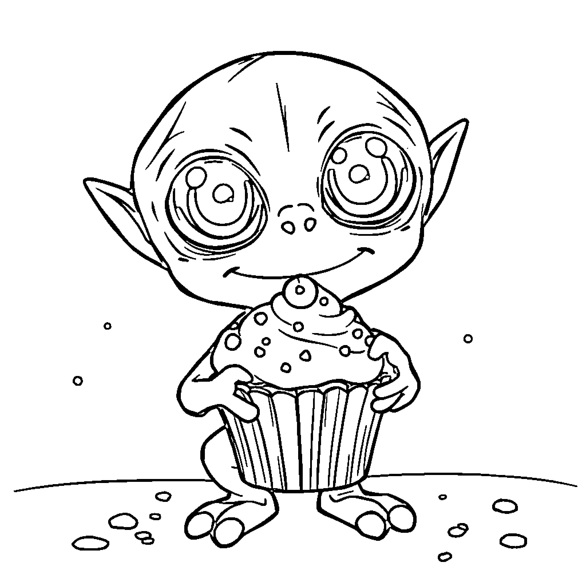 Alien creature with a cupcake Coloring Page (free black-and-white line drawing printable PDF for all, from beginners to advanced learners, including children, teens, adults, and seniors)