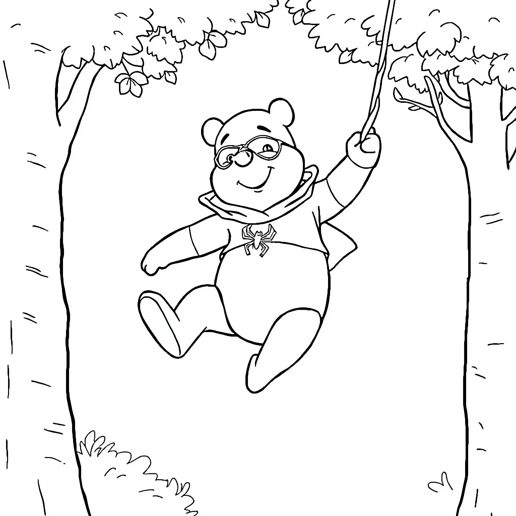 Winnie the Playful Bear in the Forest Coloring Page (free black-and-white line drawing printable PDF for all, from beginners to advanced learners, including children, teens, adults, and seniors)