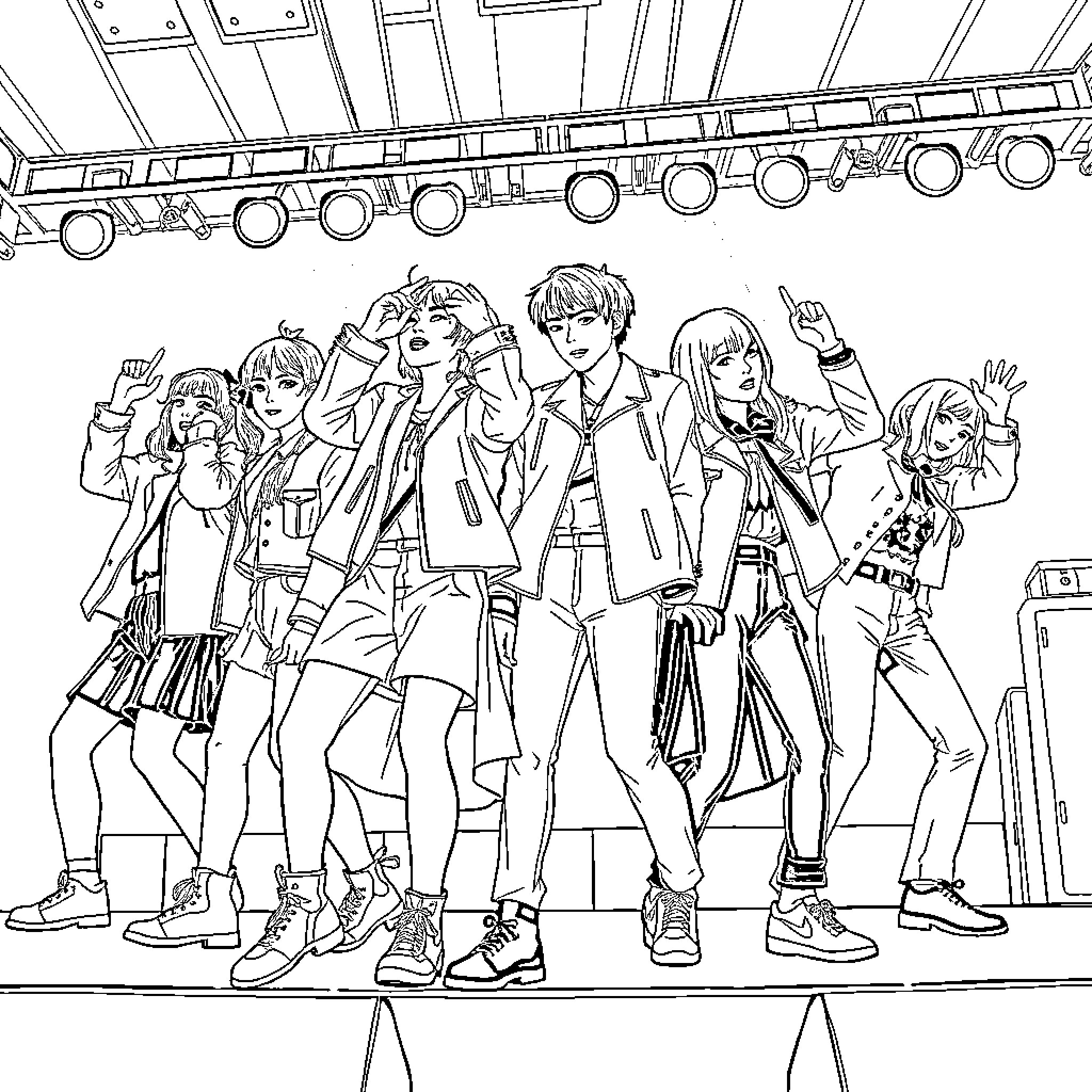 Kpop Performers Posing Expressively on Stage Coloring Page (free black-and-white line drawing printable PDF for all, from beginners to advanced learners, including children, teens, adults, and seniors)