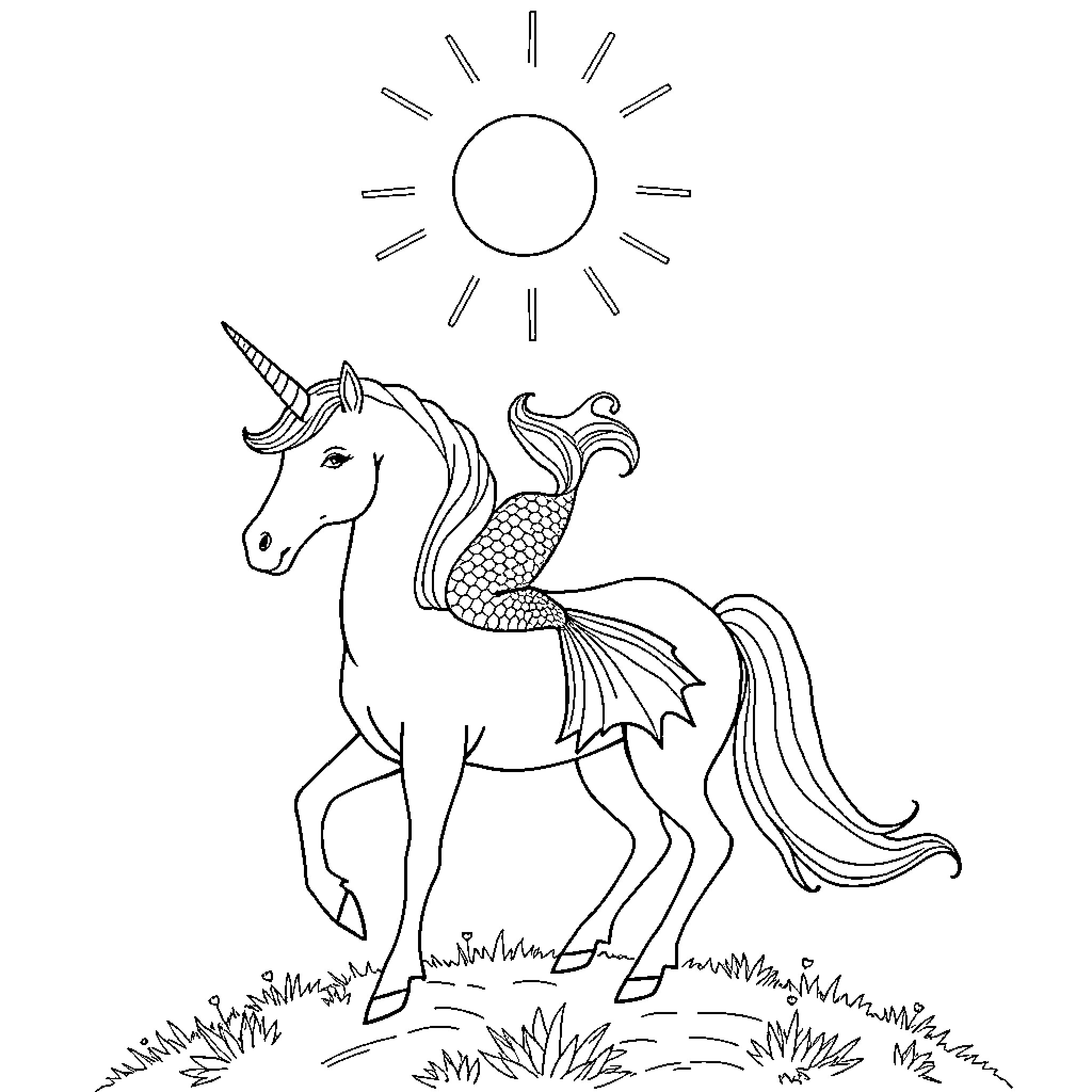Mermaid unicorn basking in the sun Coloring Page (free black-and-white line drawing printable PDF for all, from beginners to advanced learners, including children, teens, adults, and seniors)