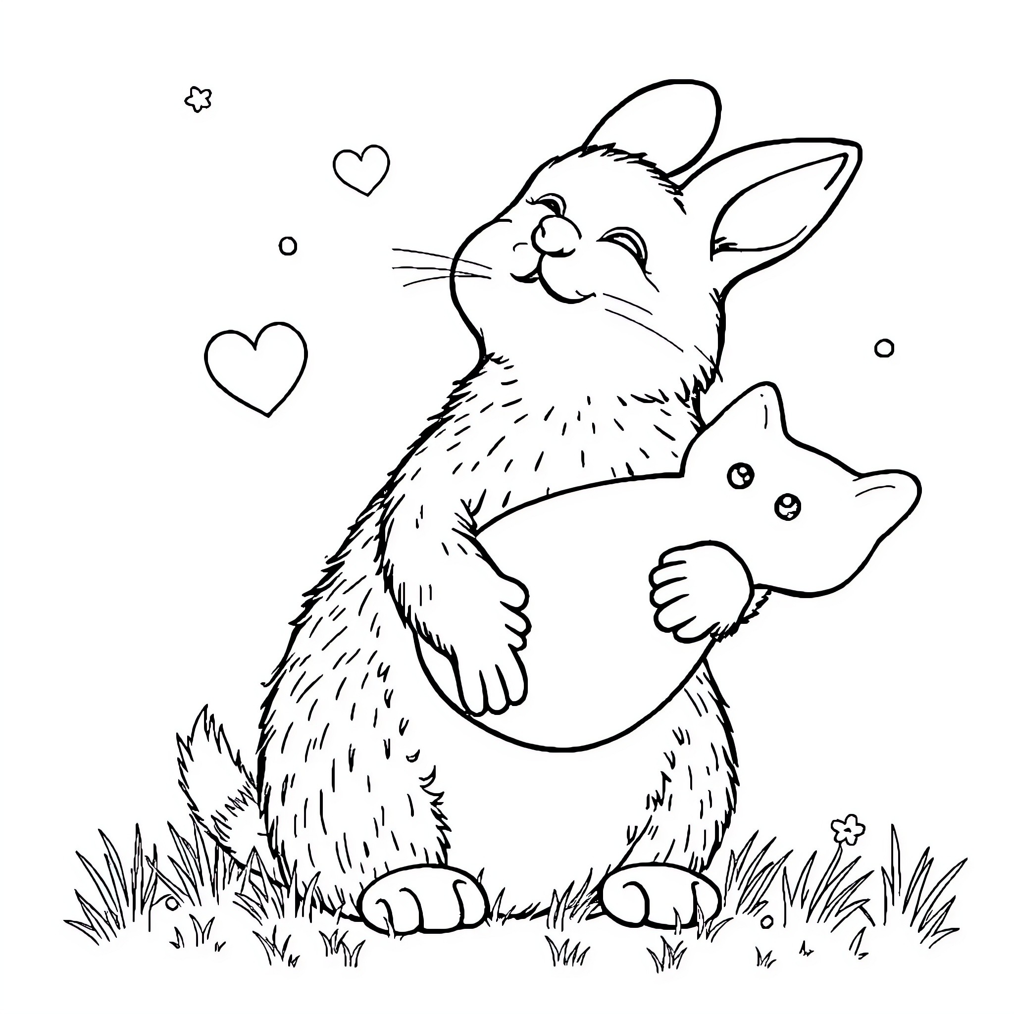 Mermaid fox cuddling kitten in field Coloring Page (free black-and-white line drawing printable PDF for all, from beginners to advanced learners, including children, teens, adults, and seniors)