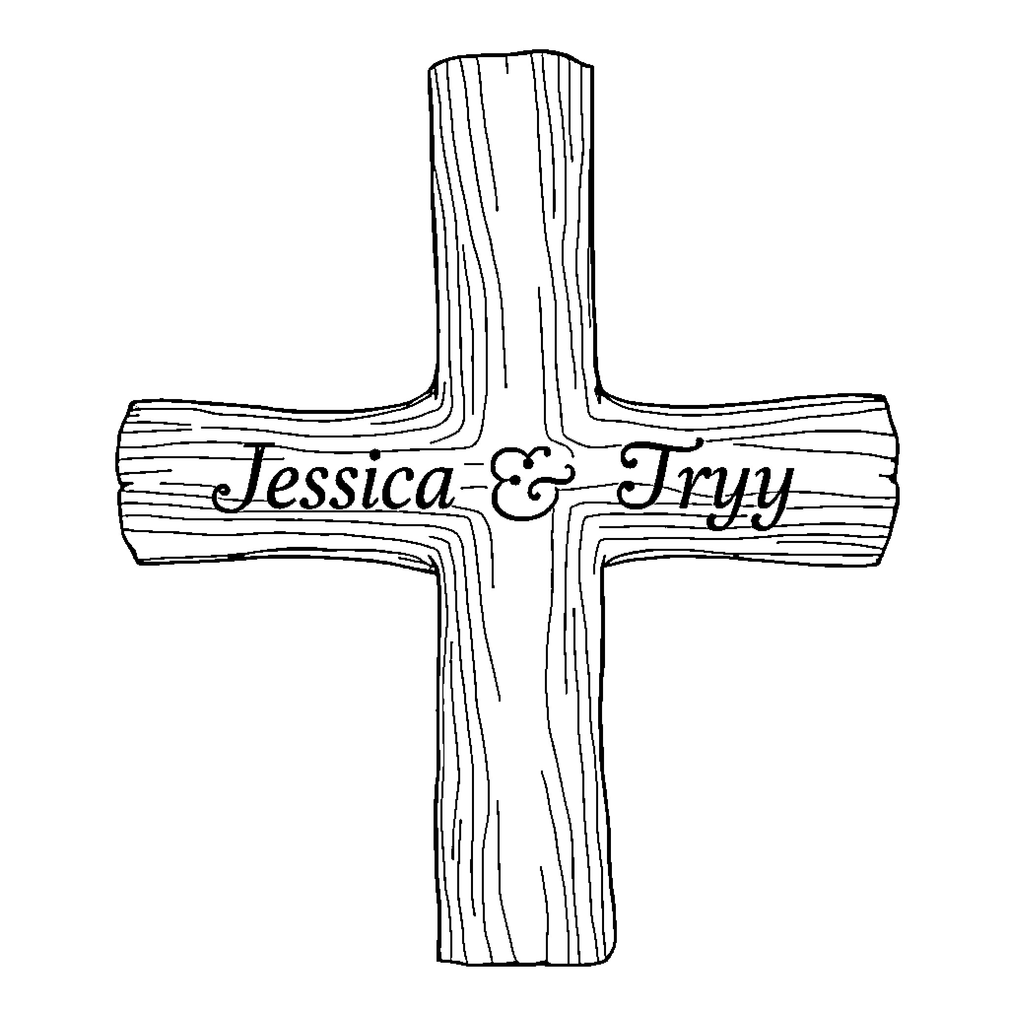 Cross with Couple's Names Engraved Coloring Page (free black-and-white line drawing printable PDF for all, from beginners to advanced learners, including children, teens, adults, and seniors)