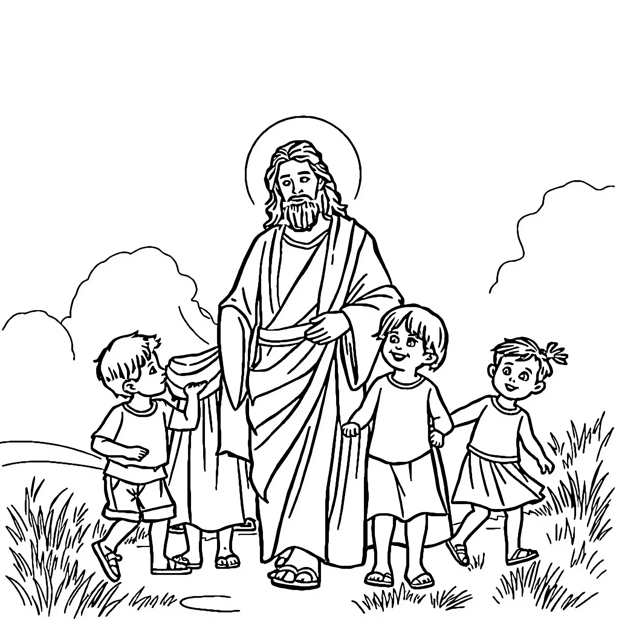 Jesus Welcoming and Blessing Children in Nature Coloring Page (free black-and-white line drawing printable PDF for all, from beginners to advanced learners, including children, teens, adults, and seniors)
