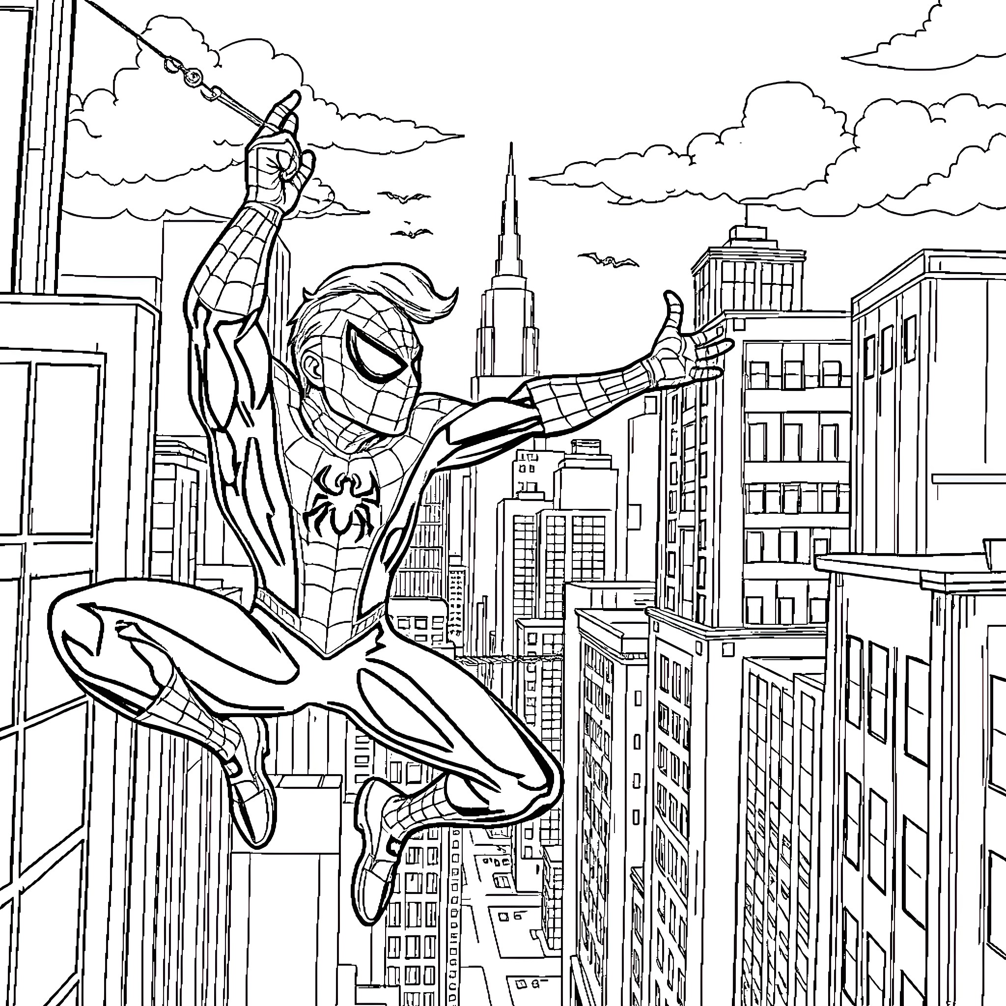 Spider-Man Swinging through the City Skyline Coloring Page (free black-and-white line drawing printable PDF for all, from beginners to advanced learners, including children, teens, adults, and seniors)