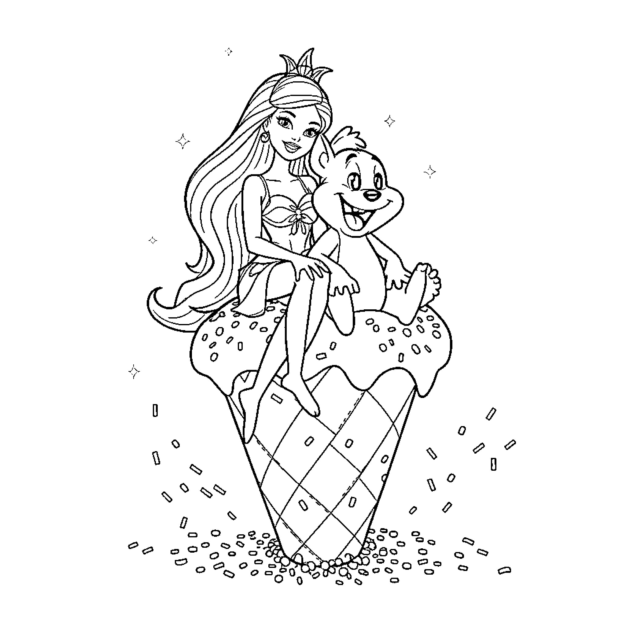 Barbie and her friend in a whimsical scene Coloring Page (free black-and-white line drawing printable PDF for all, from beginners to advanced learners, including children, teens, adults, and seniors)