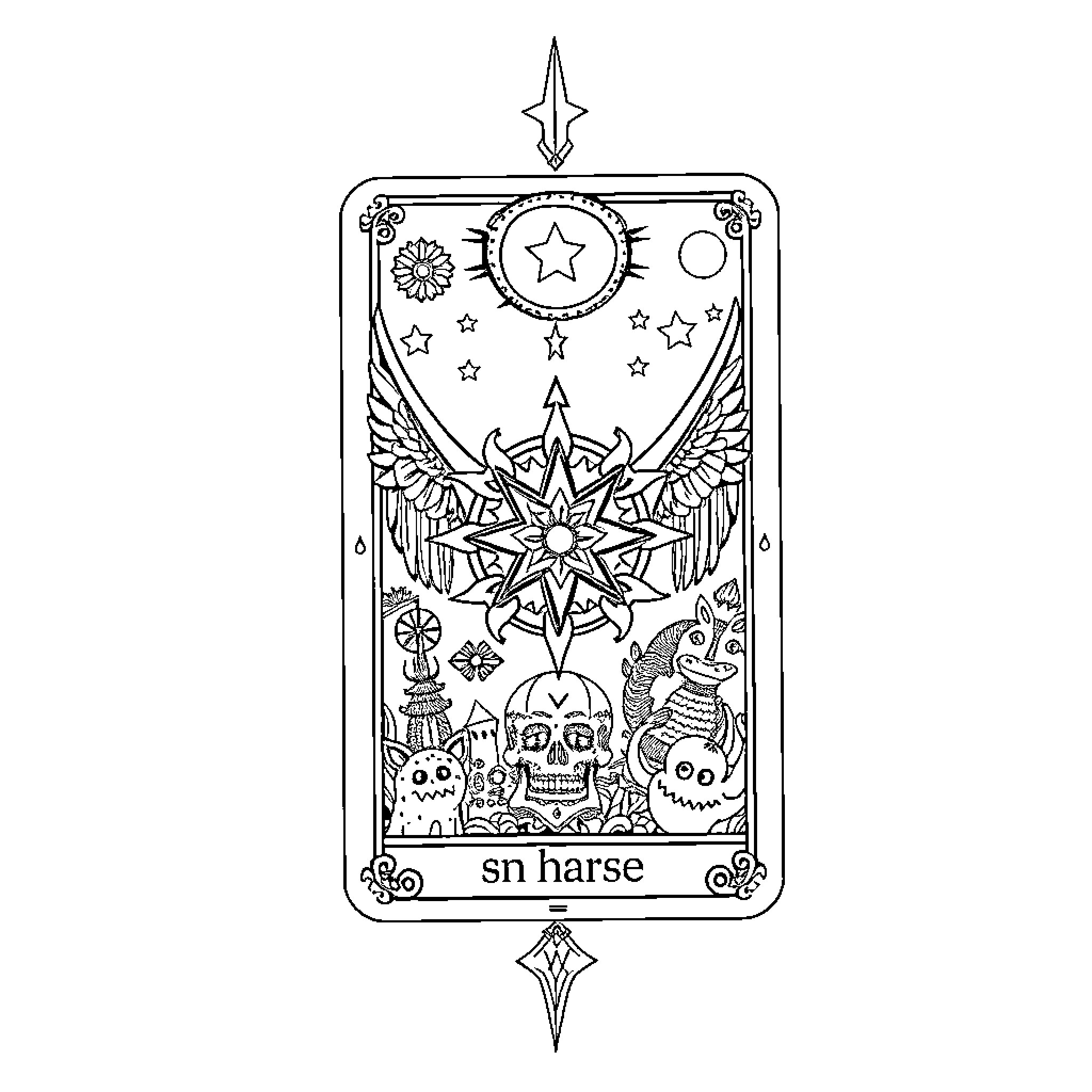Tarot Card with Winged Creature, Symbols, and Skulls Coloring Page (free black-and-white line drawing printable PDF for all, from beginners to advanced learners, including children, teens, adults, and seniors)