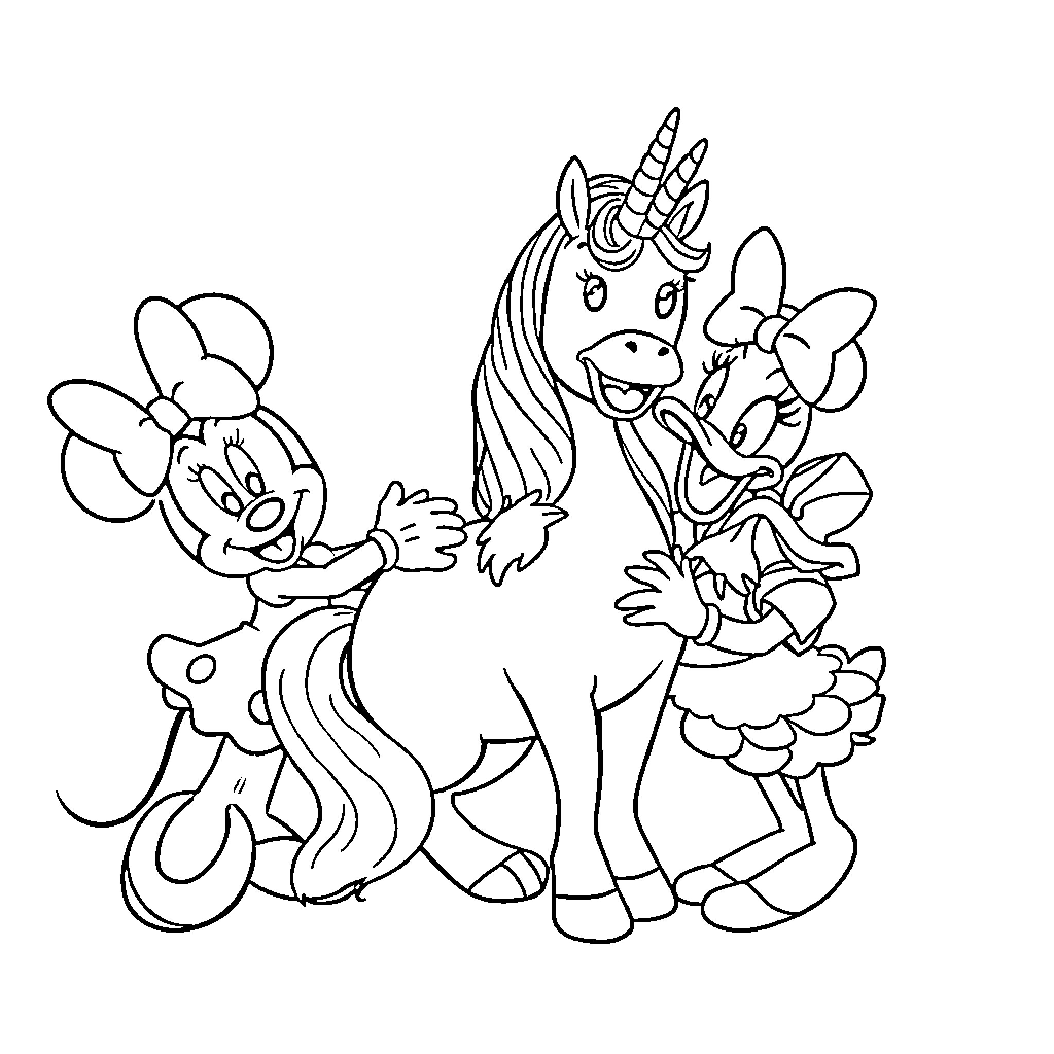 Unicorn and cartoon characters in a playful scene Coloring Page (free black-and-white line drawing printable PDF for all, from beginners to advanced learners, including children, teens, adults, and seniors)