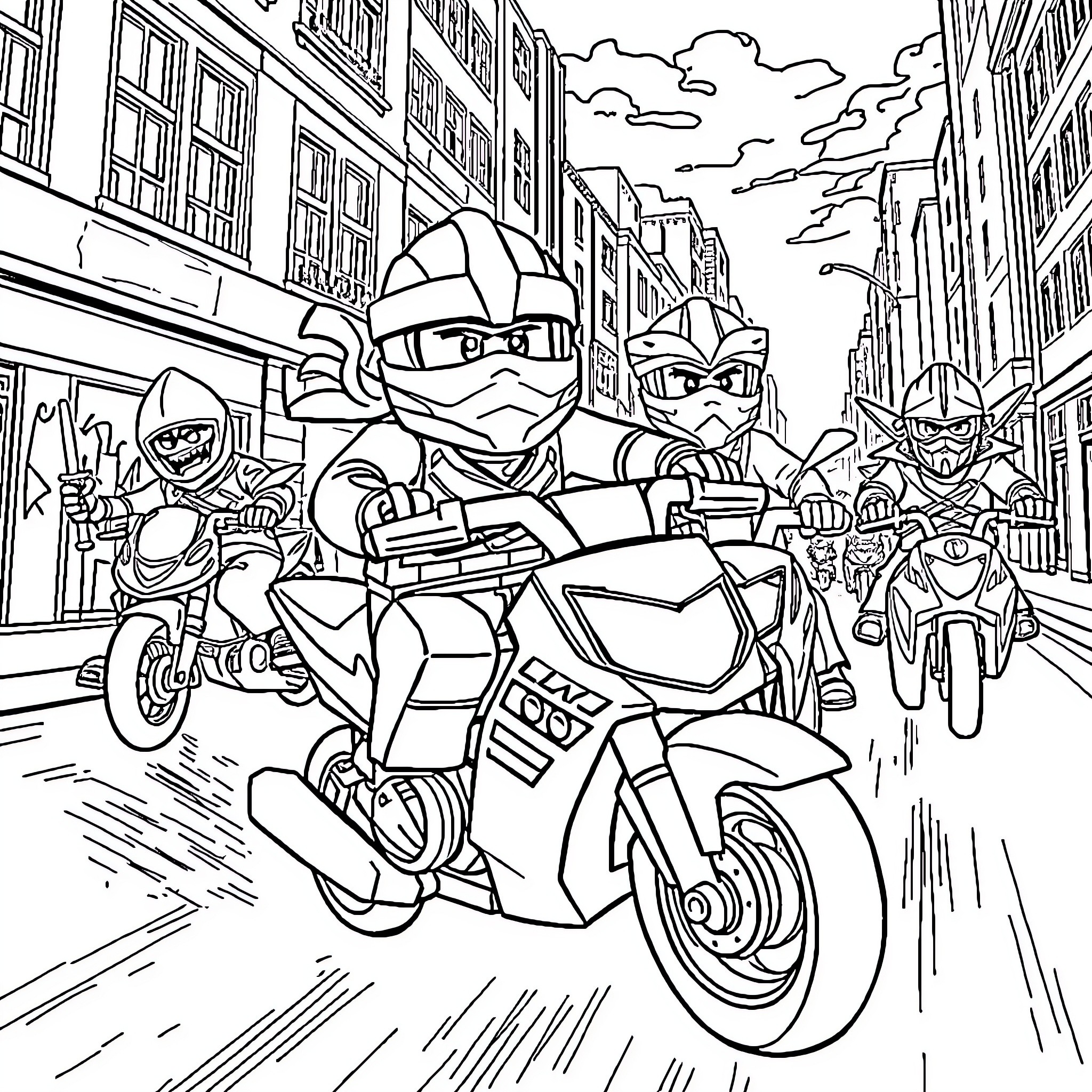 Ninjago Ninjas Speeding Through the City on Motorcycles Coloring Page (free black-and-white line drawing printable PDF for all, from beginners to advanced learners, including children, teens, adults, and seniors)