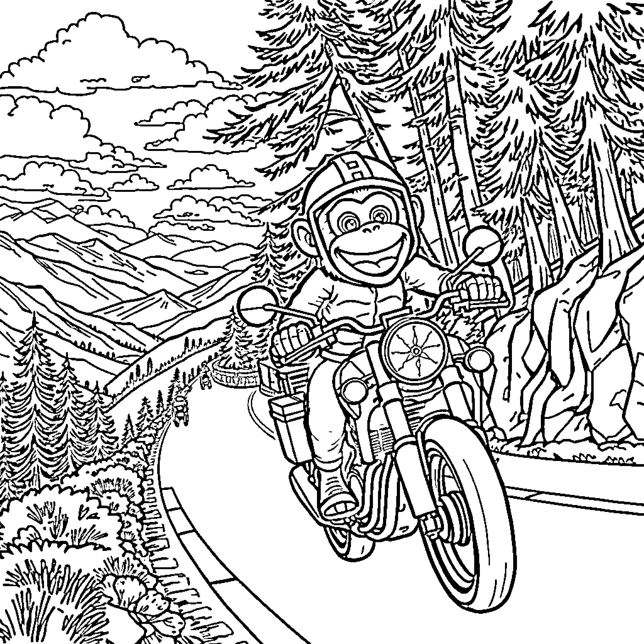 Monkey riding motorcycle through scenic forest Coloring Page (free black-and-white line drawing printable PDF for all, from beginners to advanced learners, including children, teens, adults, and seniors)