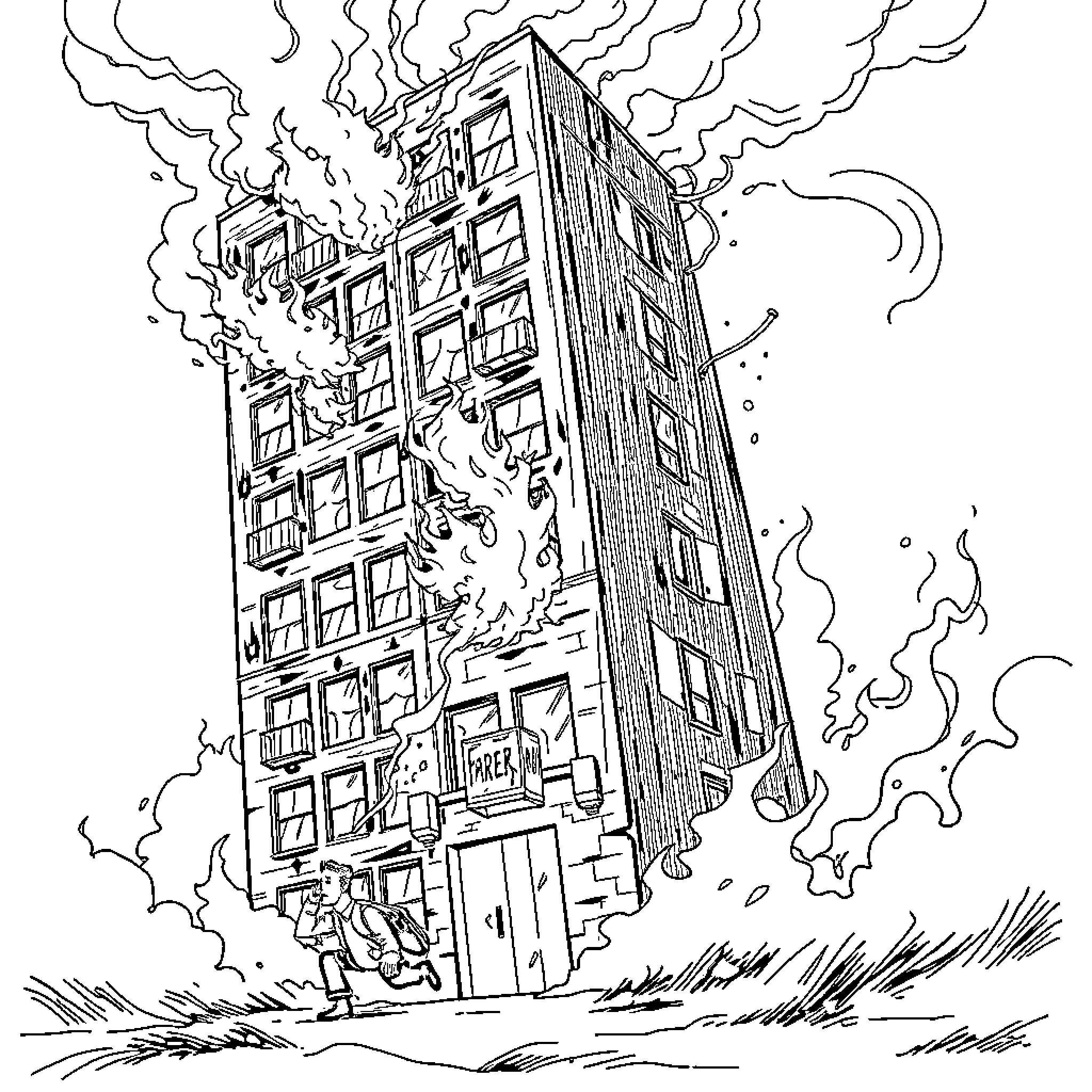 Man Witnessing Burning Building Amid Chaos Coloring Page (free black-and-white line drawing printable PDF for all, from beginners to advanced learners, including children, teens, adults, and seniors)