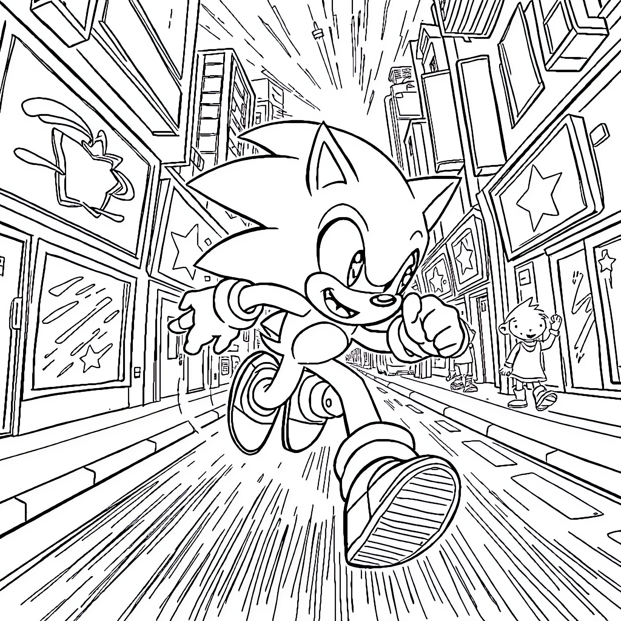 Sonic running through a dynamic cityscape Coloring Page (free black-and-white line drawing printable PDF for all, from beginners to advanced learners, including children, teens, adults, and seniors)