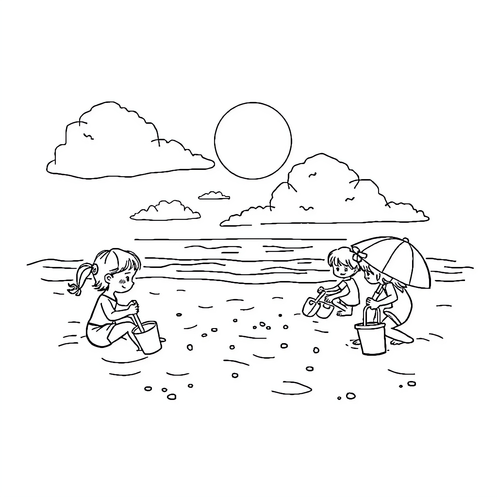 Beach fun with friends on a sunny day Coloring Page (free black-and-white line drawing printable PDF for all, from beginners to advanced learners, including children, teens, adults, and seniors)