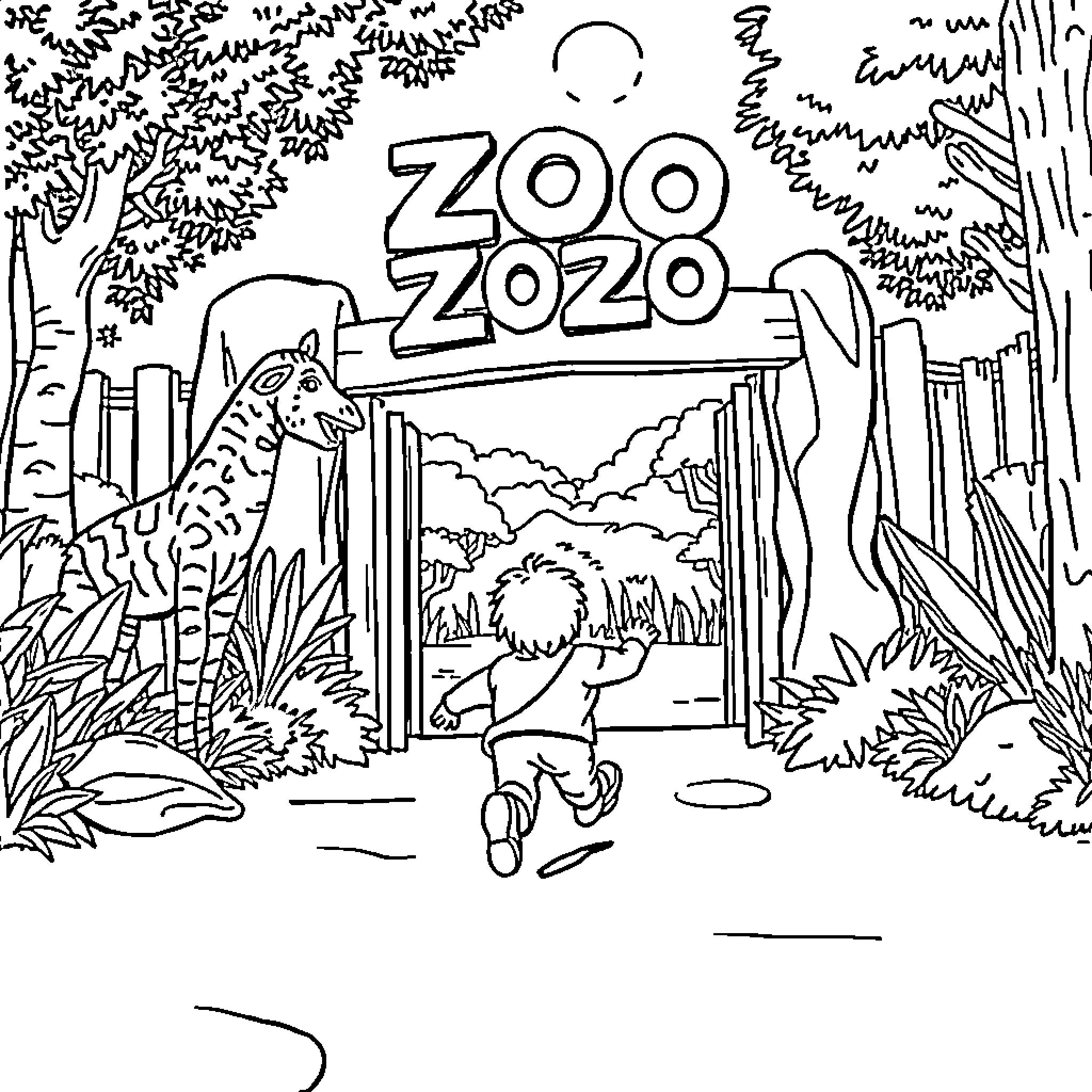 Child entering a colorful zoo landscape Coloring Page (free black-and-white line drawing printable PDF for all, from beginners to advanced learners, including children, teens, adults, and seniors)
