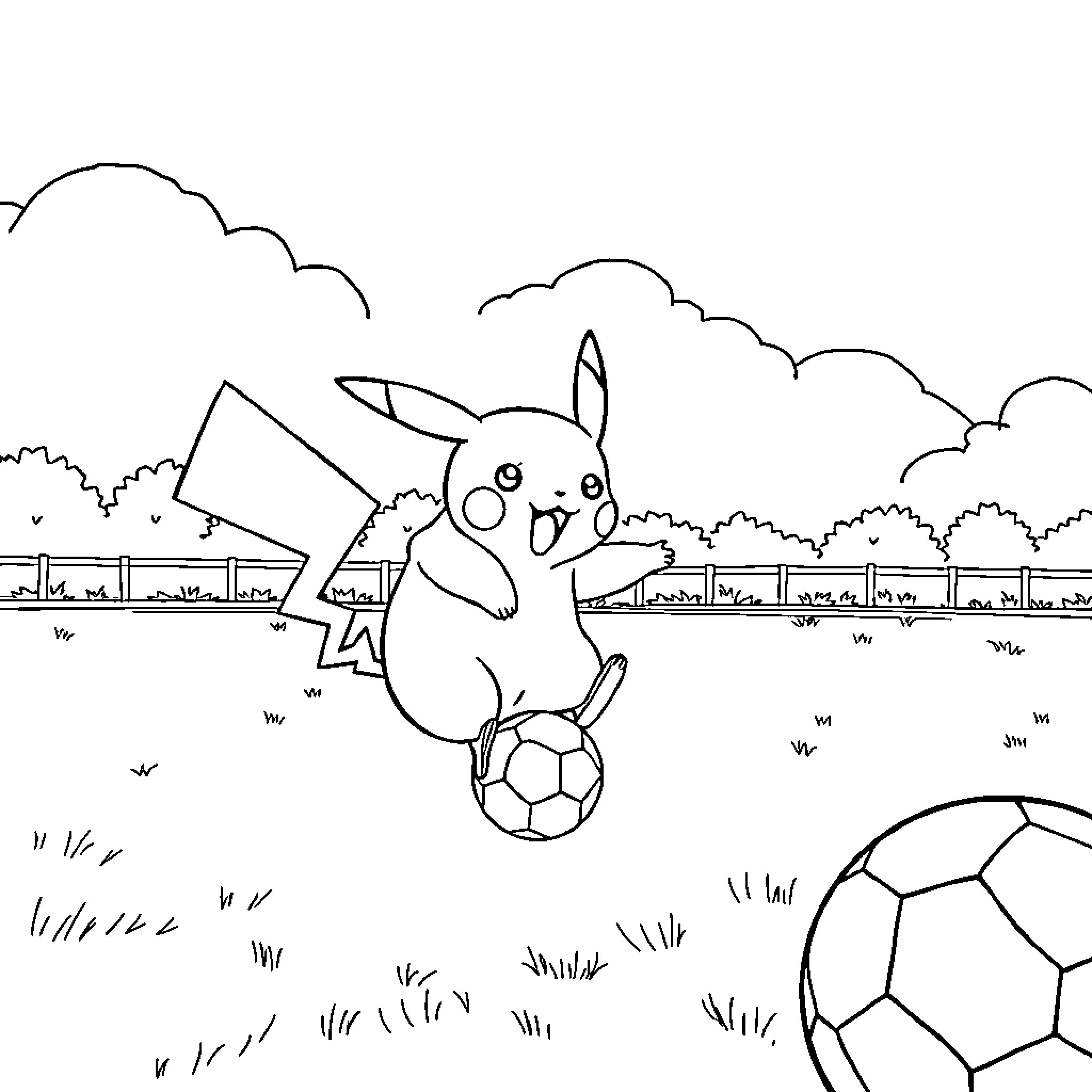 Pikachu playing with a soccer ball in the park Coloring Page (free black-and-white line drawing printable PDF for all, from beginners to advanced learners, including children, teens, adults, and seniors)
