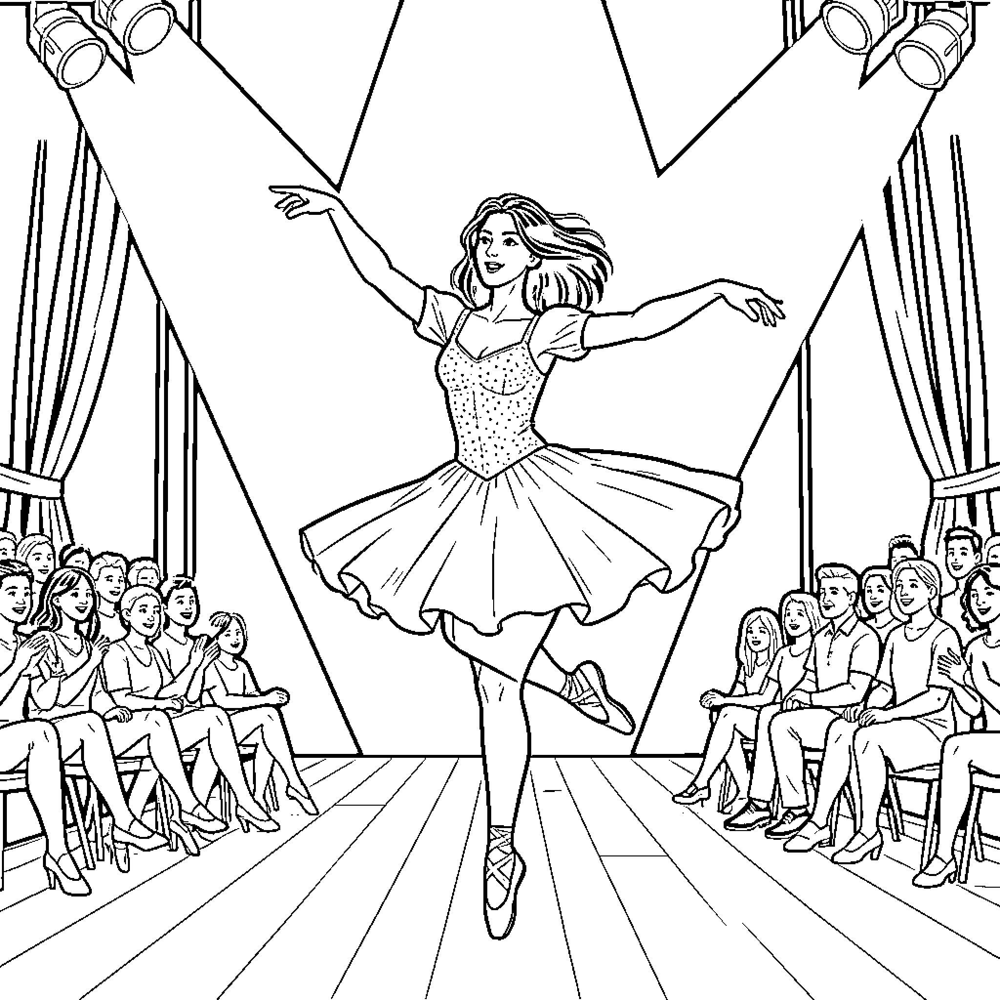 Bailarina performing on stage with audience Coloring Page (free black-and-white line drawing printable PDF for all, from beginners to advanced learners, including children, teens, adults, and seniors)