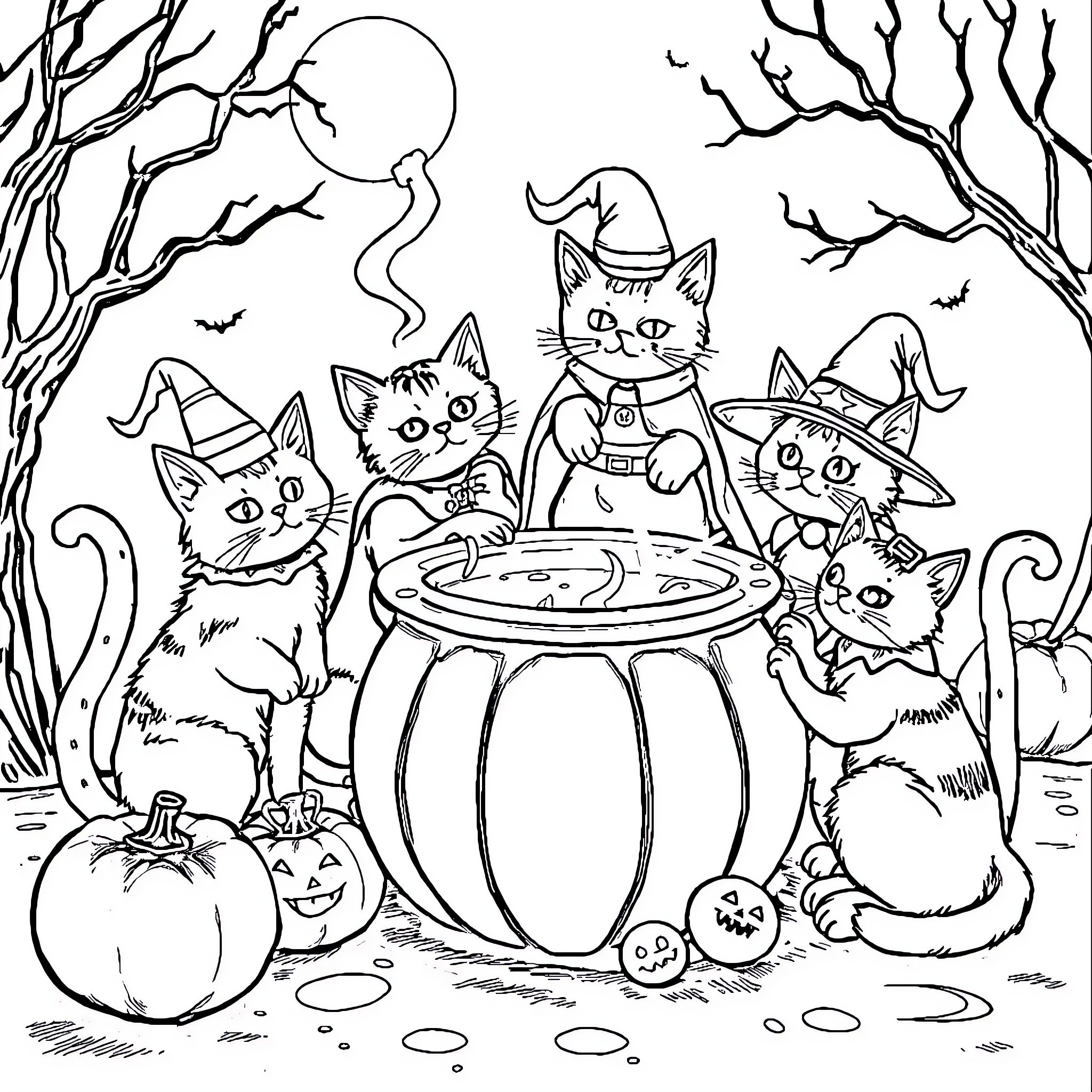 Cat Halloween Trick-or-Treating with Friends Coloring Page (free black-and-white line drawing printable PDF for all, from beginners to advanced learners, including children, teens, adults, and seniors)