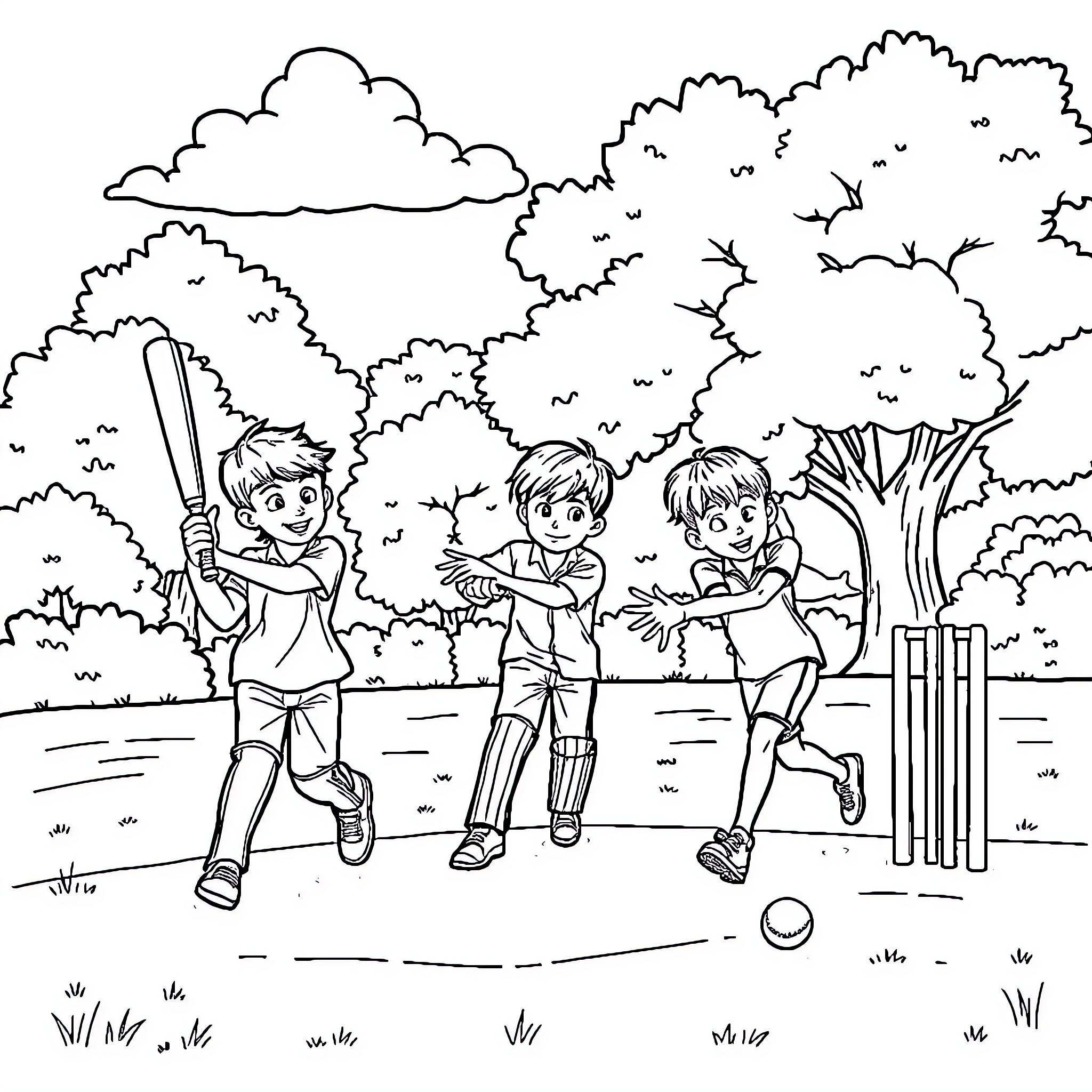 Boy Playing Cricket with Friends in the Park Coloring Page (free black-and-white line drawing printable PDF for all, from beginners to advanced learners, including children, teens, adults, and seniors)