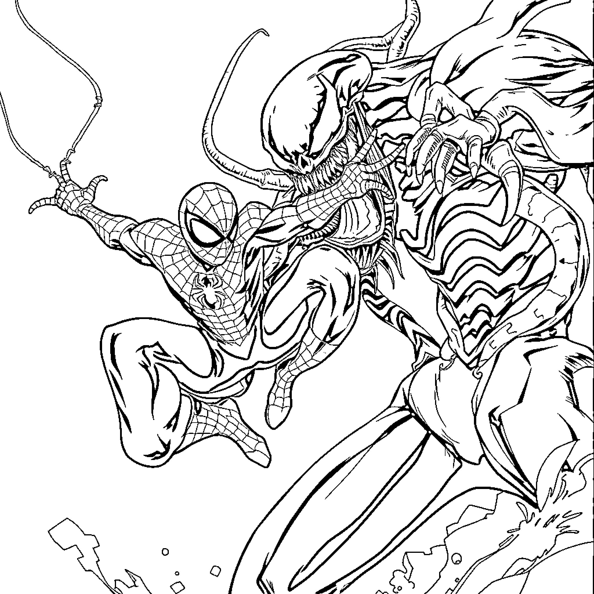 Spiderman battling a monstrous foe Coloring Page (free black-and-white line drawing printable PDF for all, from beginners to advanced learners, including children, teens, adults, and seniors)