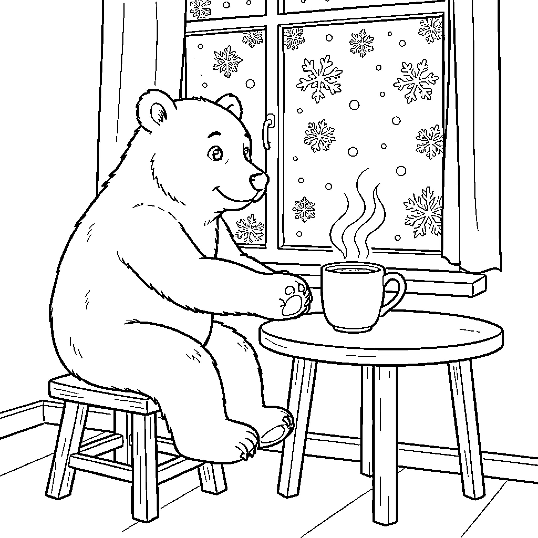 Bear enjoying hot drink by snowy window Coloring Page (free black-and-white line drawing printable PDF for all, from beginners to advanced learners, including children, teens, adults, and seniors)