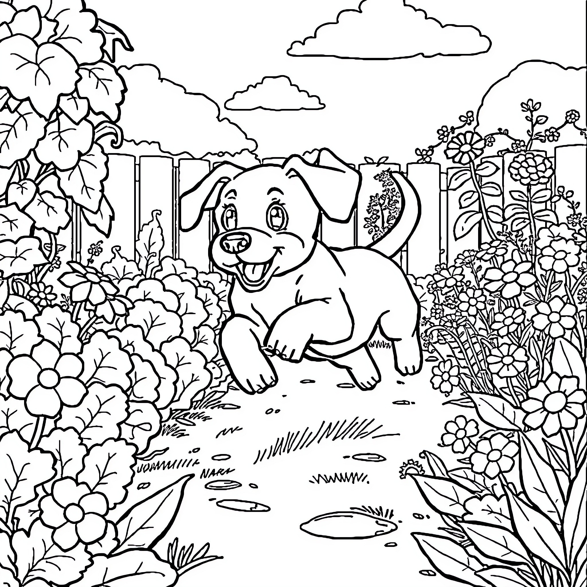 Puppy exploring a lush garden Coloring Page (free black-and-white line drawing printable PDF for all, from beginners to advanced learners, including children, teens, adults, and seniors)
