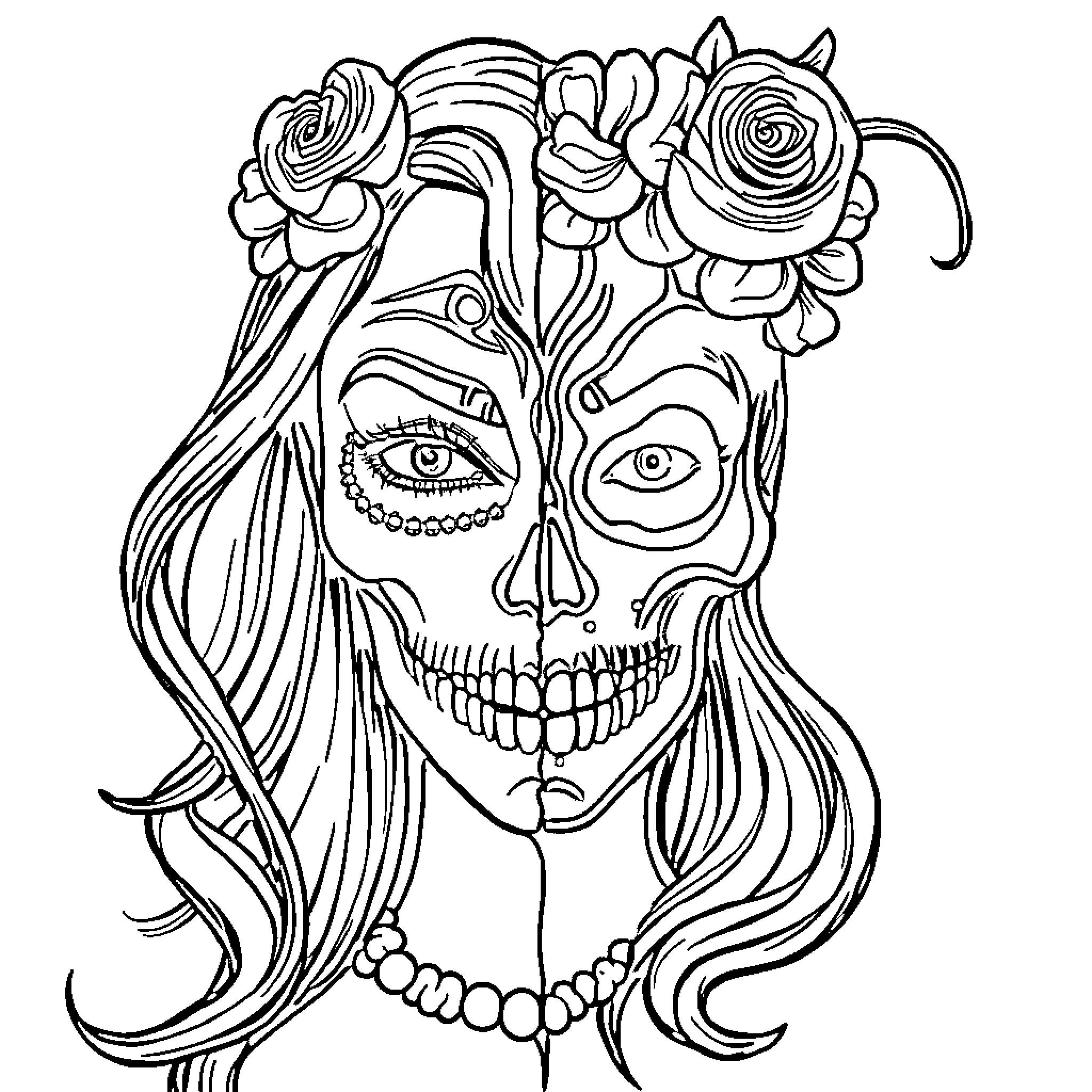 Skull with floral crown and ornate face Coloring Page (free black-and-white line drawing printable PDF for all, from beginners to advanced learners, including children, teens, adults, and seniors)