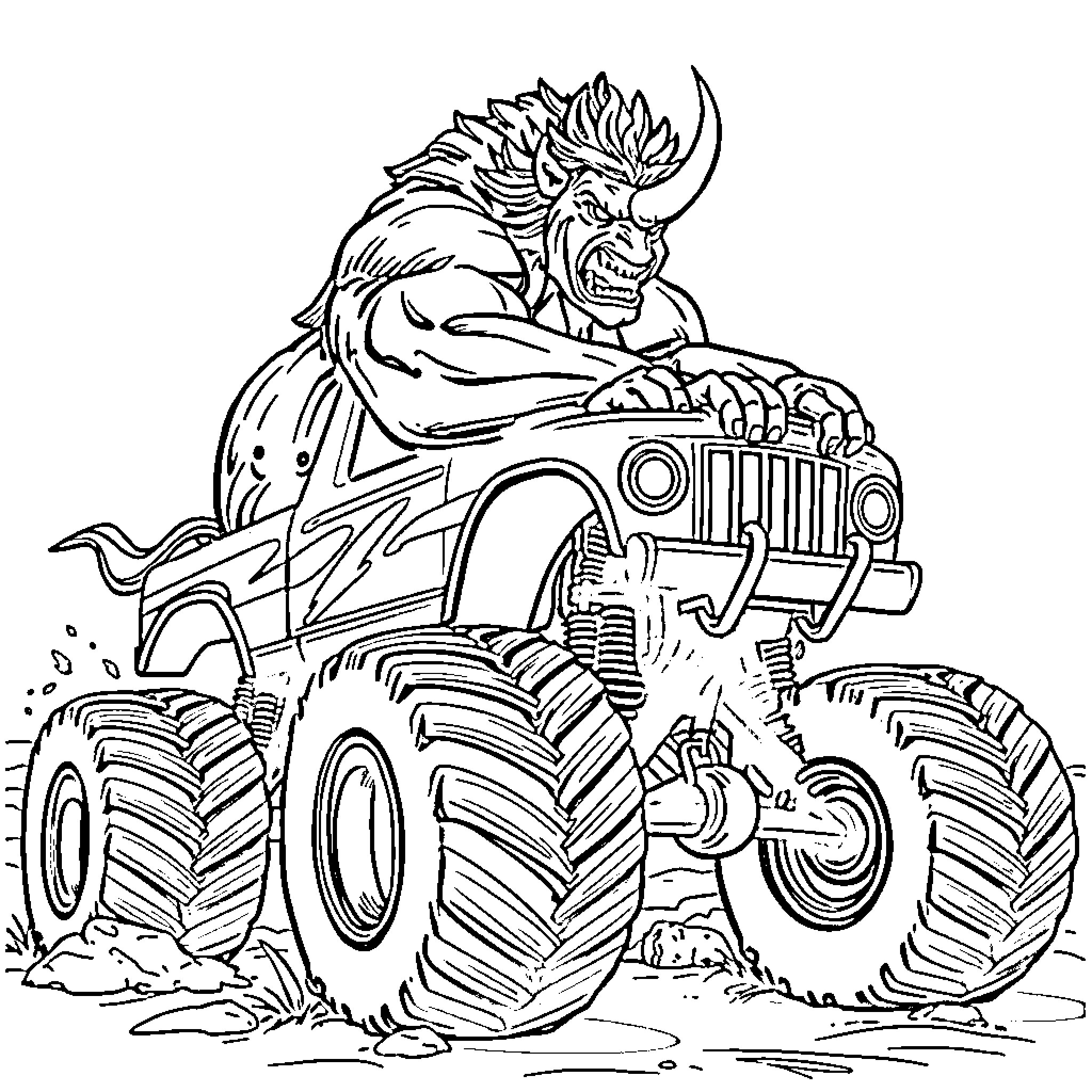 Toro driving a powerful monster truck Coloring Page (free black-and-white line drawing printable PDF for all, from beginners to advanced learners, including children, teens, adults, and seniors)