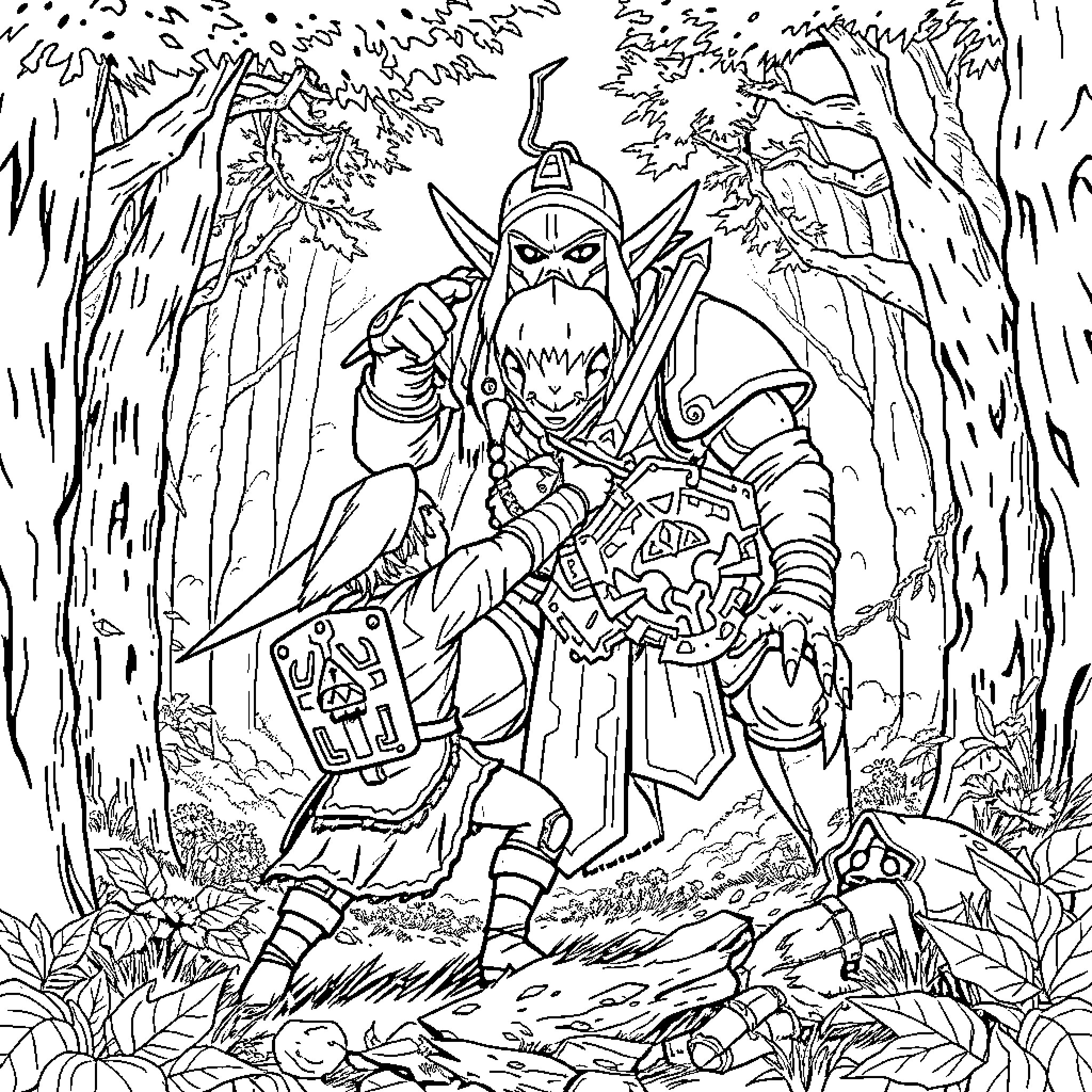Link engaging in a fierce battle against a monster Coloring Page (free black-and-white line drawing printable PDF for all, from beginners to advanced learners, including children, teens, adults, and seniors)