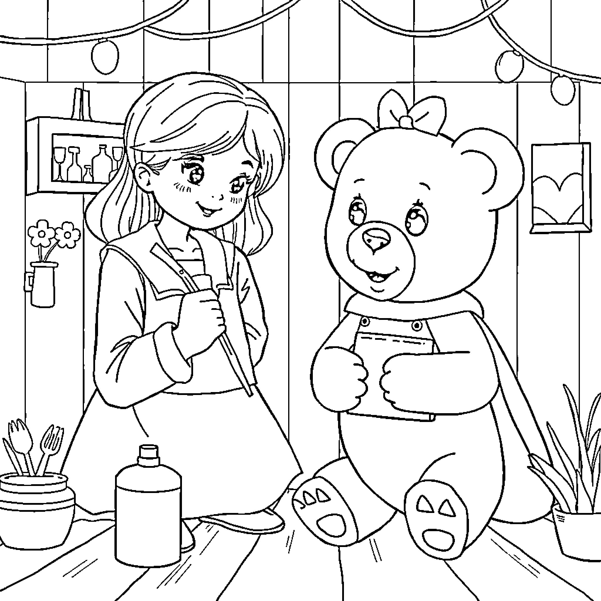 Doctor examining a teddy bear in the clinic Coloring Page (free black-and-white line drawing printable PDF for all, from beginners to advanced learners, including children, teens, adults, and seniors)