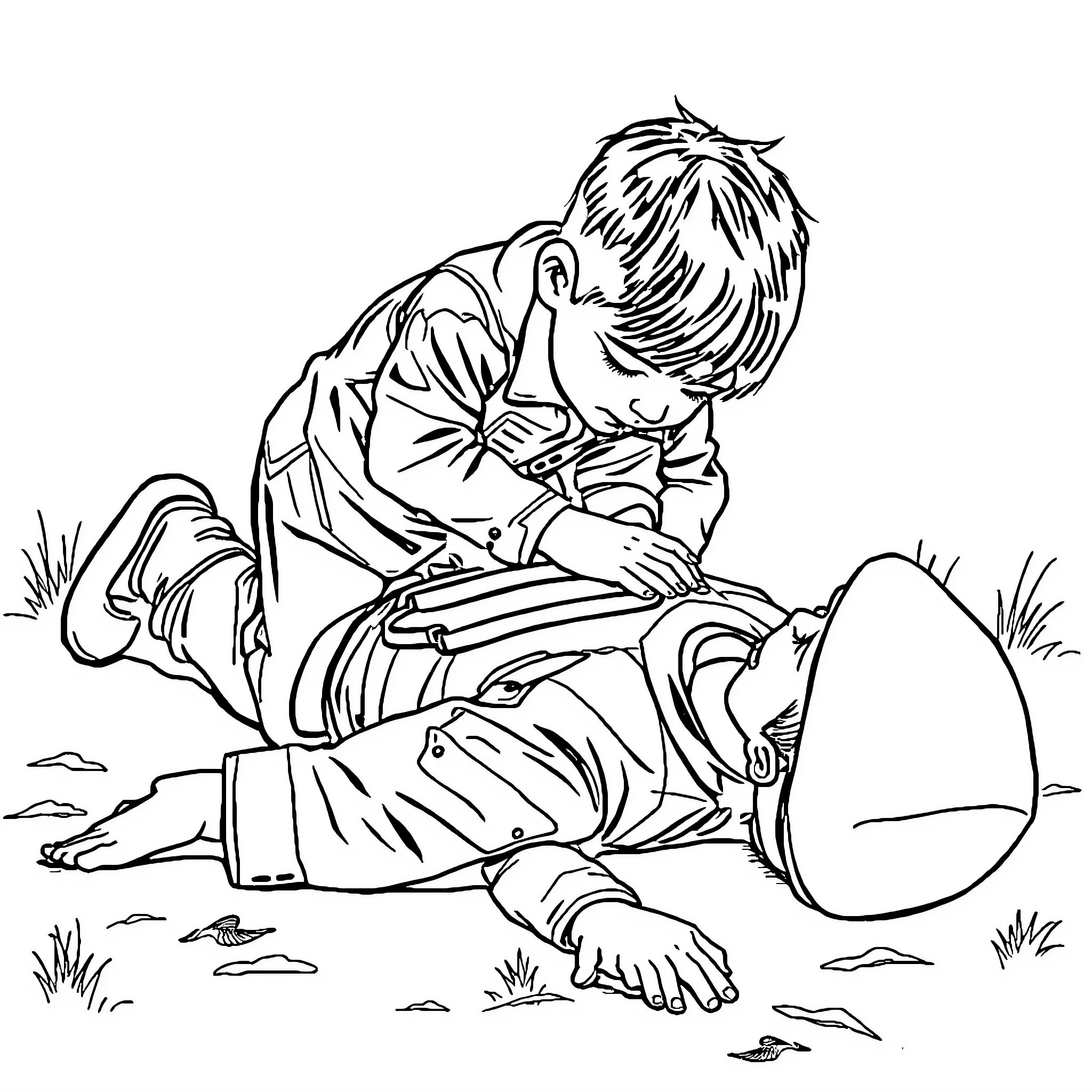 Child helping an injured person on the ground Coloring Page (free black-and-white line drawing printable PDF for all, from beginners to advanced learners, including children, teens, adults, and seniors)