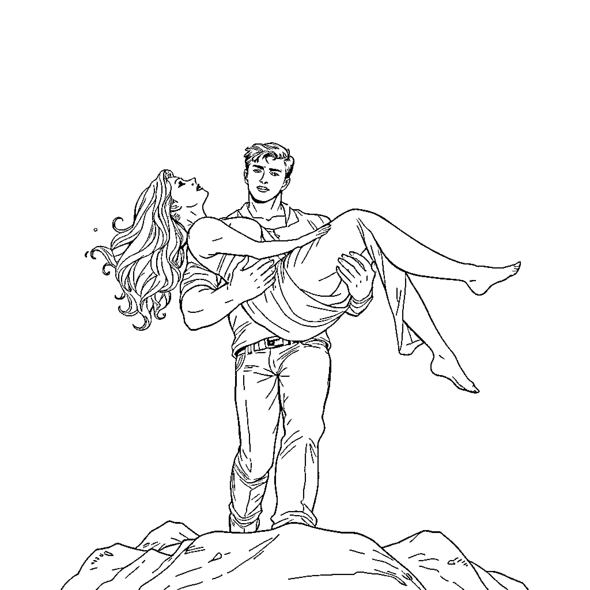 Man carrying woman in his arms on a mountain Coloring Page (free black-and-white line drawing printable PDF for all, from beginners to advanced learners, including children, teens, adults, and seniors)