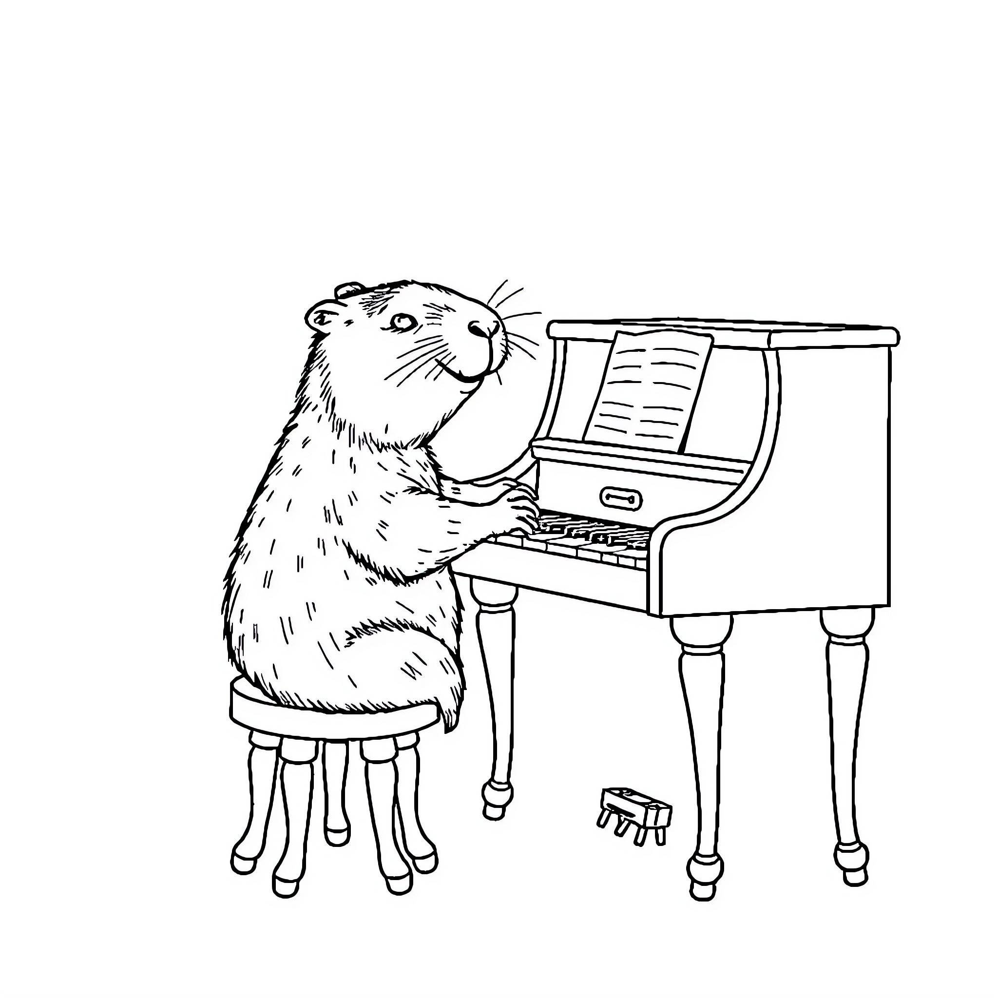 Capybara plays joyfully on the piano Coloring Page (free black-and-white line drawing printable PDF for all, from beginners to advanced learners, including children, teens, adults, and seniors)