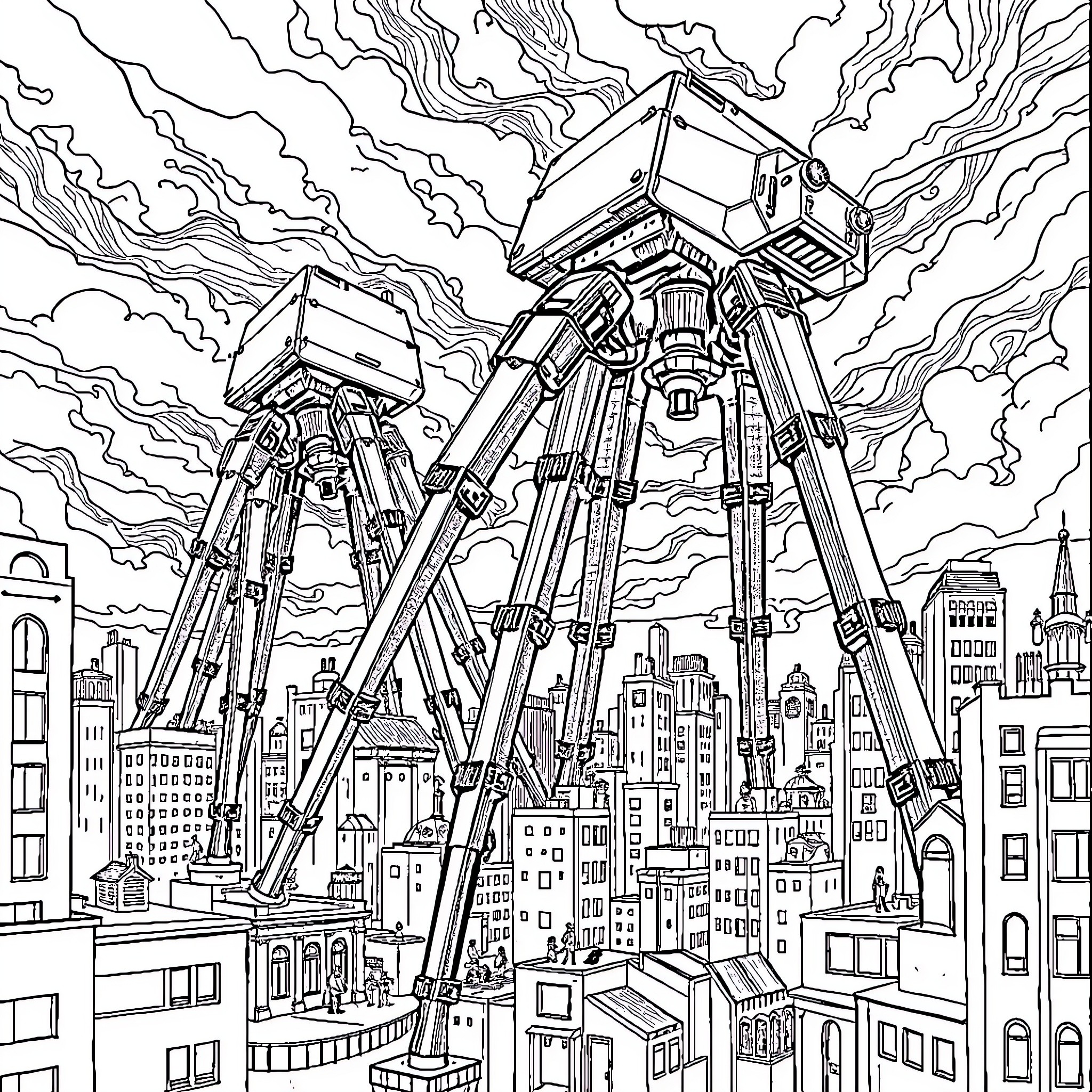 Tripod Invasion Over Futuristic City Coloring Page (free black-and-white line drawing printable PDF for all, from beginners to advanced learners, including children, teens, adults, and seniors)