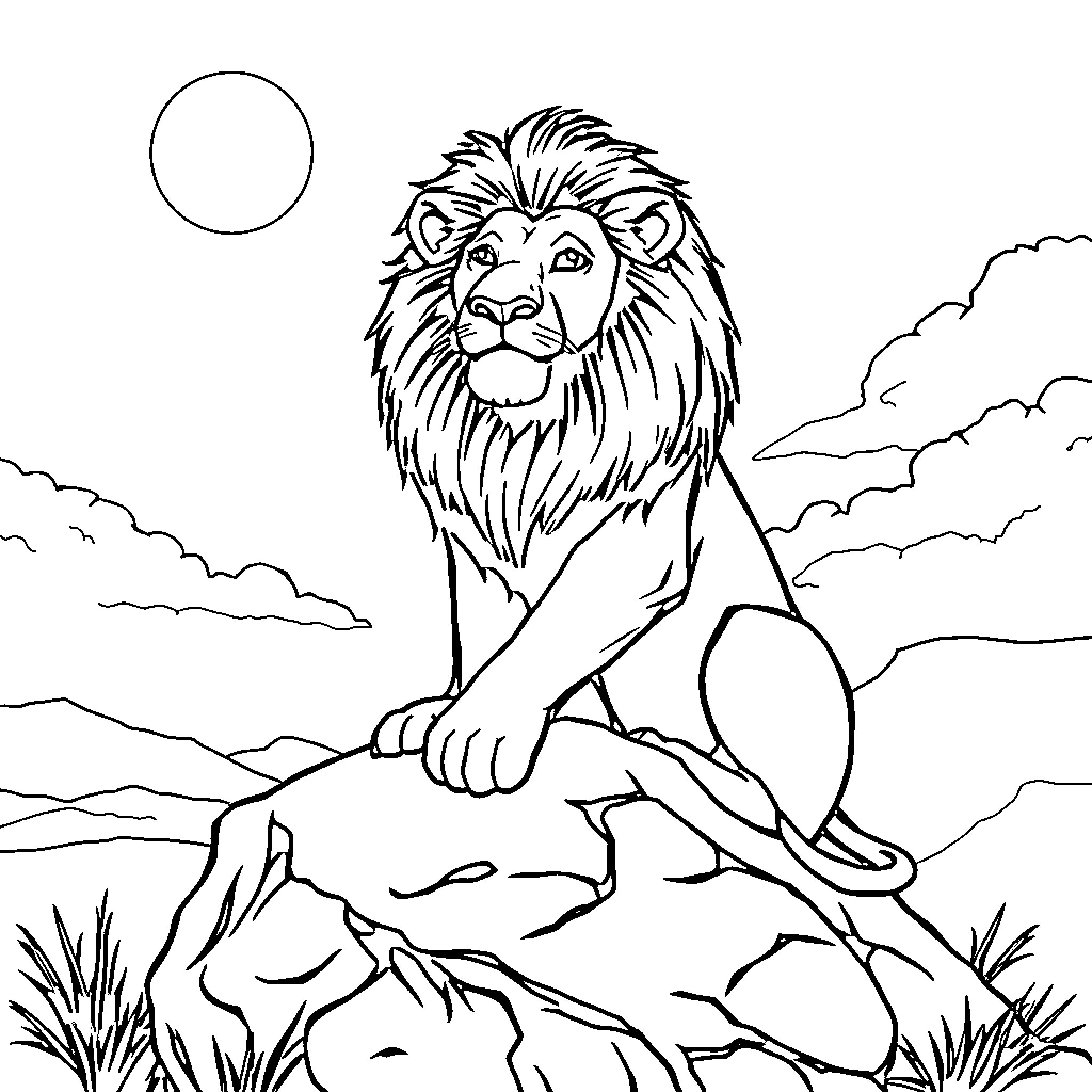 Lion resting on rocky outcrop in nature Coloring Page (free black-and-white line drawing printable PDF for all, from beginners to advanced learners, including children, teens, adults, and seniors)
