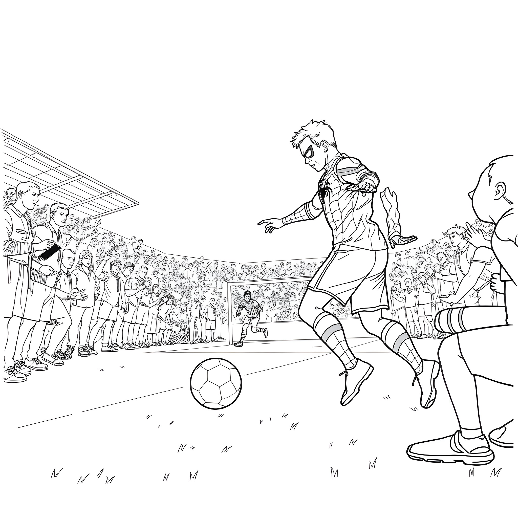 Spiderman playing soccer with teammates in a stadium Coloring Page (free black-and-white line drawing printable PDF for all, from beginners to advanced learners, including children, teens, adults, and seniors)