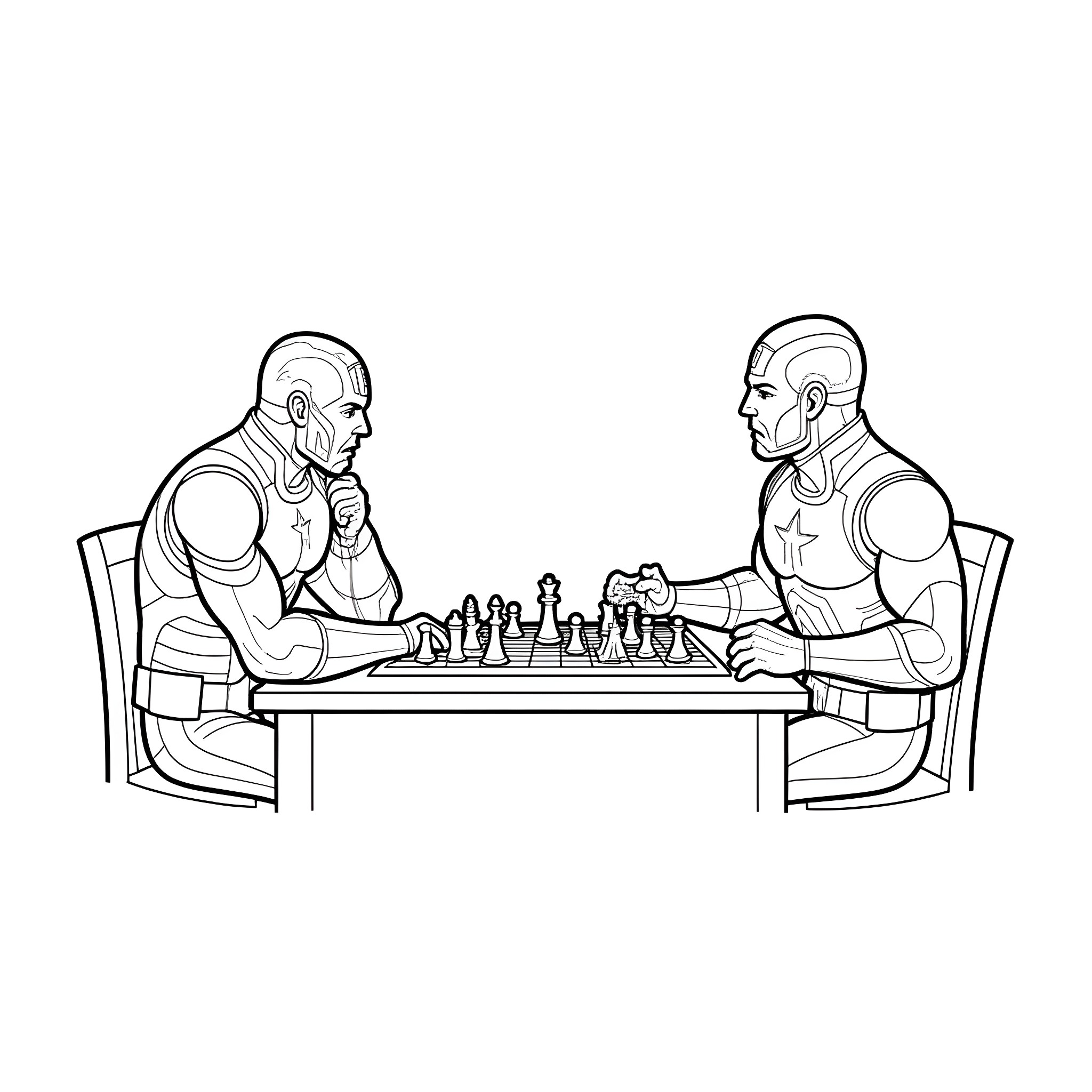 Ironman characters playing chess intensely Coloring Page (free black-and-white line drawing printable PDF for all, from beginners to advanced learners, including children, teens, adults, and seniors)