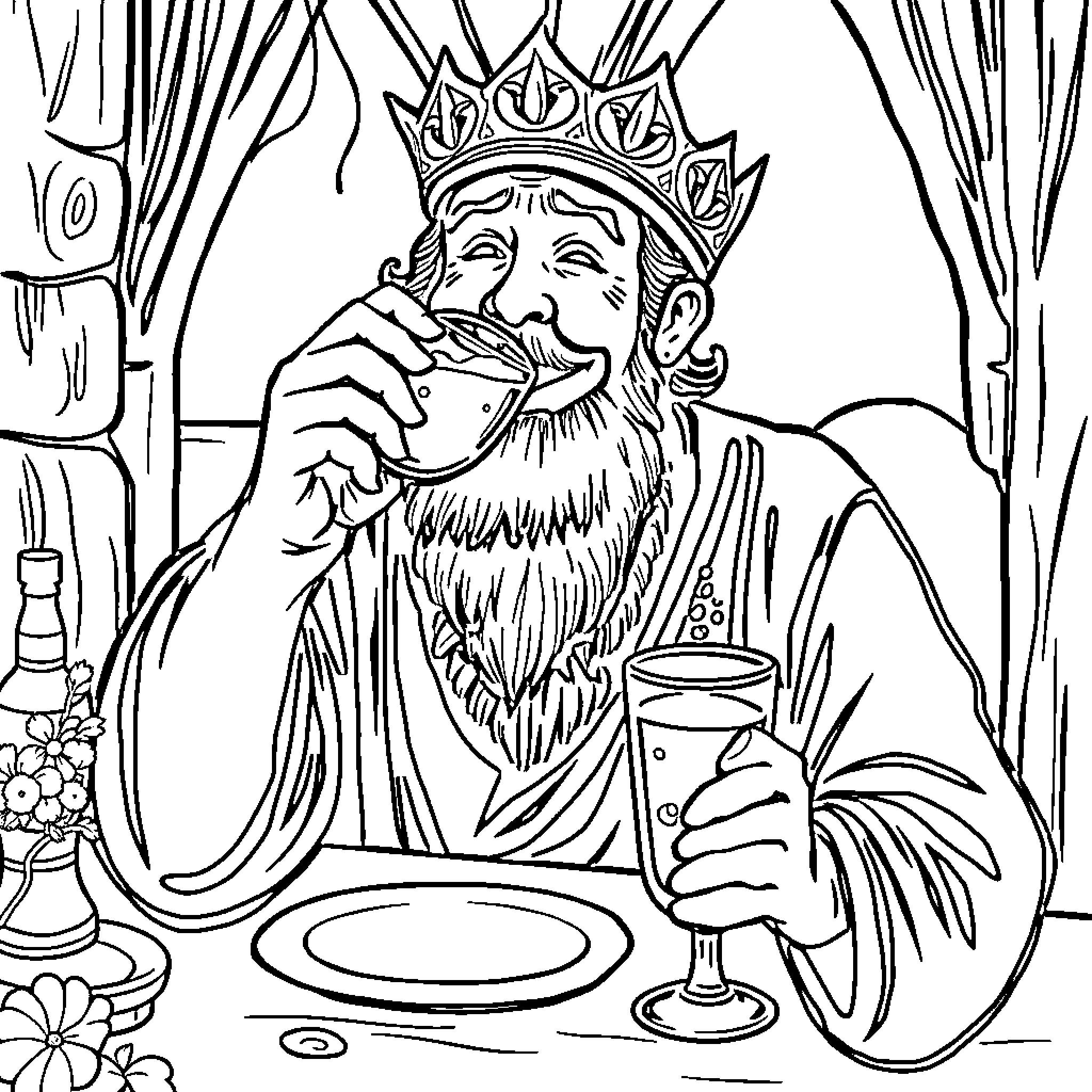 Magin Regal Figure Enjoying Feast Coloring Page (free black-and-white line drawing printable PDF for all, from beginners to advanced learners, including children, teens, adults, and seniors)